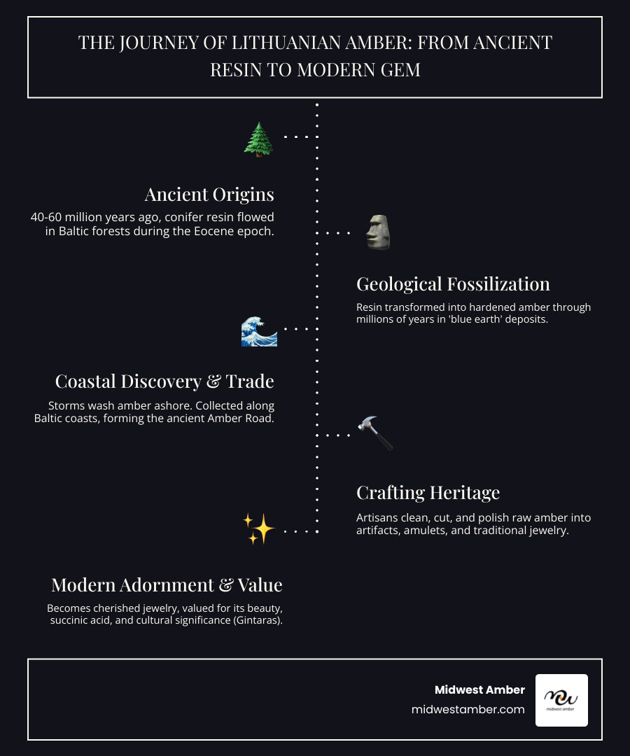 Infographic showing the journey of Lithuanian amber from ancient tree resin 40-60 million years ago through fossilization in blue earth deposits, historical collection along Baltic shores, traditional craftsmanship, and finally modern jewelry creation, with key facts about succinic acid content, cultural significance as Gintaras, and the Amber Road trade routes - lithuanian amber infographic infographic-line-5-steps-dark