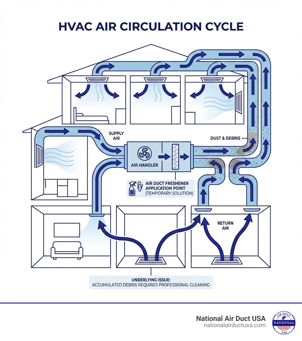 infographic showing how HVAC system circulates air throughout home, with arrows indicating air flow from return vents through ductwork, past accumulated dust and debris, through air handler, and out supply vents to each room, completing the cycle - air duct freshener infographic 