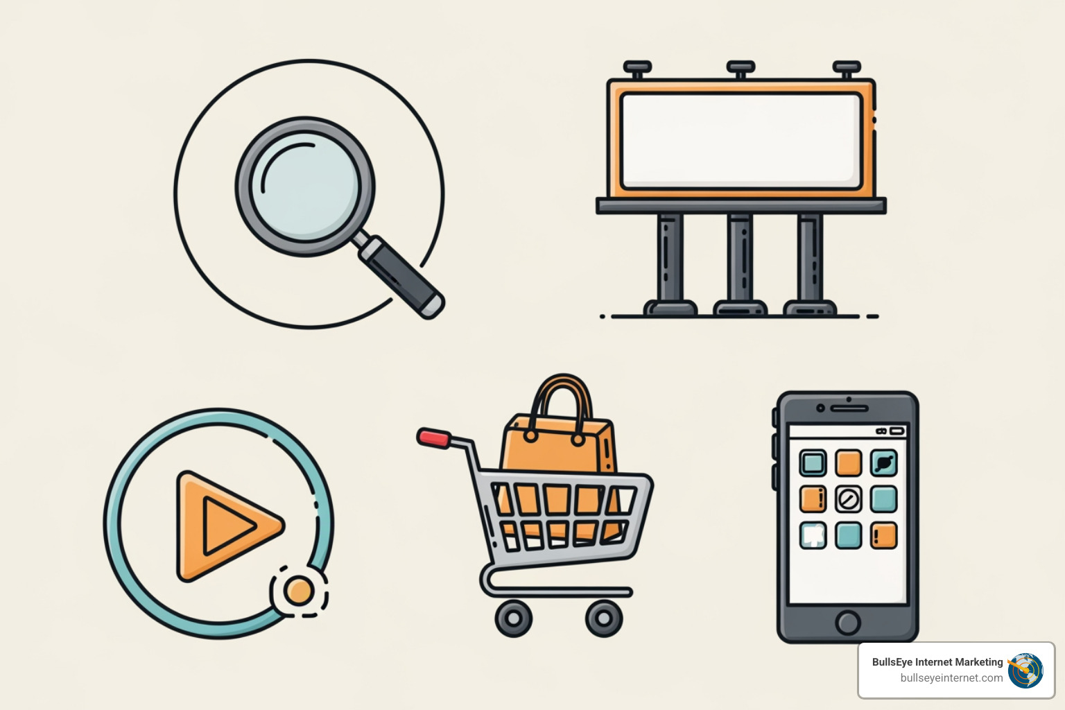 Icons representing Search, Display, Video, Shopping, and App campaign types - google adwords advertising Magnifying glass, billboard, play button, shopping cart with bags, and smartphone icons representing various Google Ads campaign types and online advertising strategies.