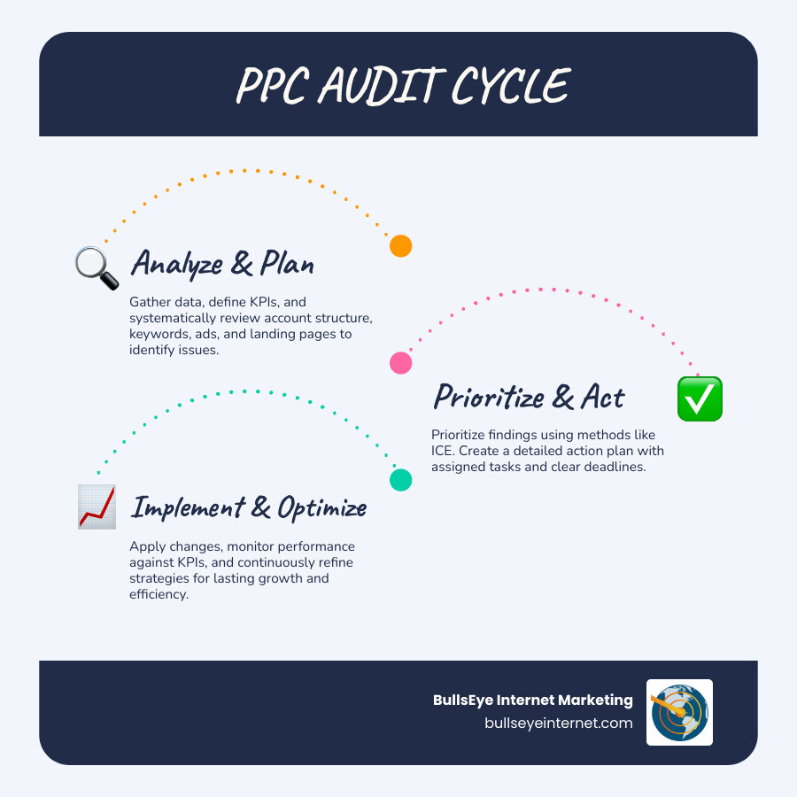 Infographic showing the PPC audit cycle: Starting with data gathering and goal setting, moving through systematic analysis of account structure, keywords, ads, and landing pages, then prioritizing findings with the ICE method, creating an action plan, implementing changes, monitoring performance, and returning to analysis for continuous optimization - ppc audit methodology infographic infographic-line-3-steps-blues-accent_colors Infographic showing the PPC audit cycle: Starting with data gathering and goal setting, moving through systematic analysis of account structure, keywords, ads, and landing pages, then prioritizing findings with the ICE method, creating an action plan, implementing changes, monitoring performance, and returning to analysis for continuous optimization - ppc audit methodology infographic infographic-line-3-steps-blues-accent_colors
