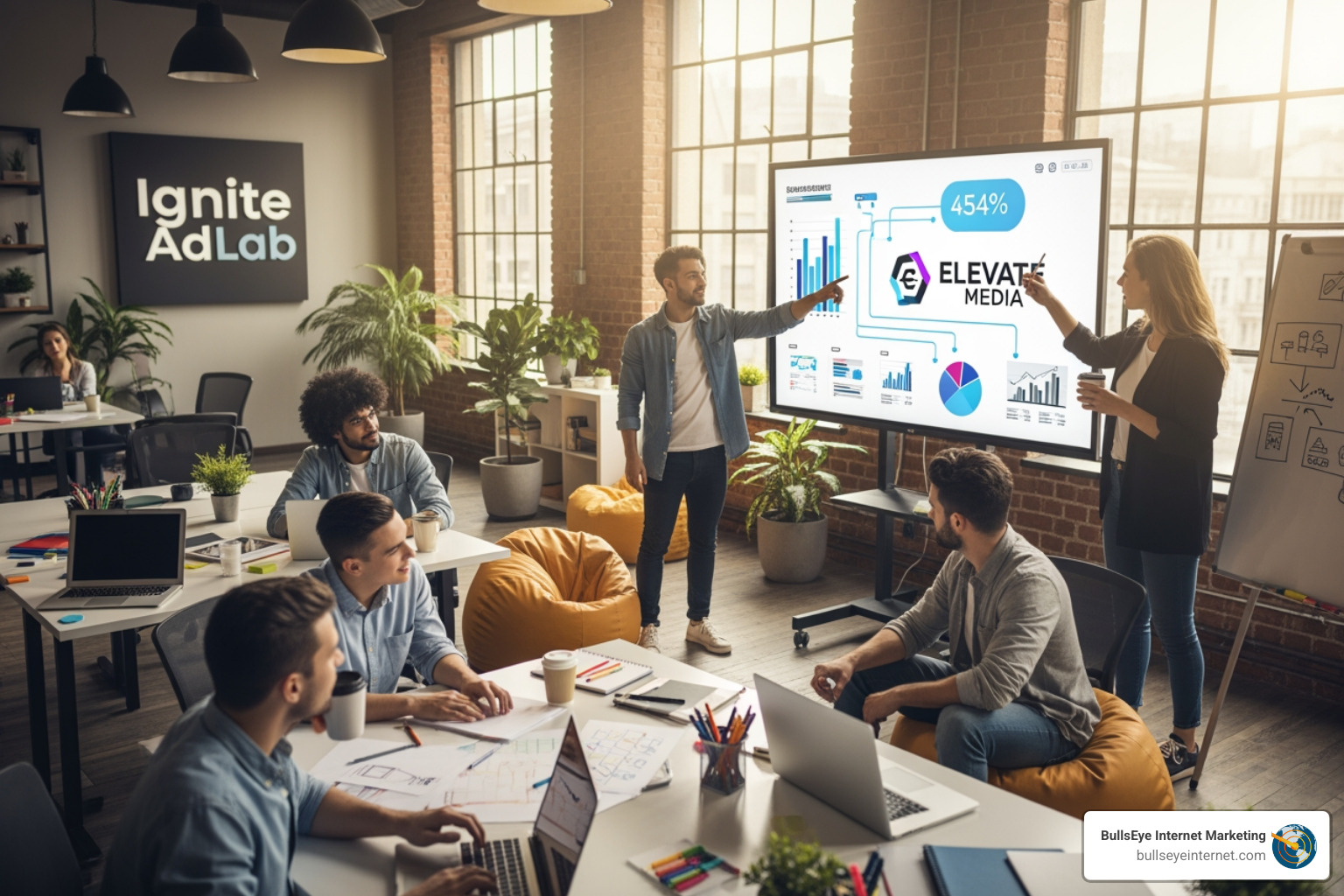 Group of professionals in a modern office setting, discussing digital marketing strategies, with a presentation screen displaying charts and the logo of Elevate Media, emphasizing analytics and growth potential for advertising agencies.