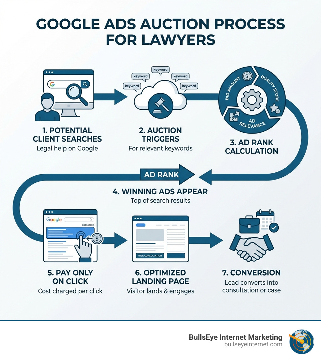 Infographic showing the Google Ads auction process for lawyers: 1) Potential client searches for legal help on Google, 2) Google Ads auction triggers for relevant keywords, 3) Your ad rank is calculated based on bid amount, Quality Score, and ad relevance, 4) Winning ads appear at top of search results, 5) You pay only when someone clicks your ad, 6) Visitor lands on your optimized landing page, 7) Lead converts into consultation or case - google ads for lawyers infographic Infographic showing the Google Ads auction process for lawyers: 1) Potential client searches for legal help on Google, 2) Google Ads auction triggers for relevant keywords, 3) Your ad rank is calculated based on bid amount, Quality Score, and ad relevance, 4) Winning ads appear at top of search results, 5) You pay only when someone clicks your ad, 6) Visitor lands on your optimized landing page, 7) Lead converts into consultation or case - google ads for lawyers infographic