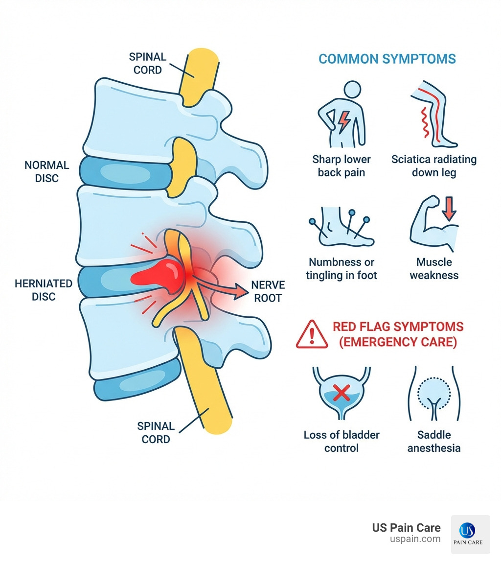 Infographic showing the anatomy of a herniated lumbar disc with labeled parts including vertebrae, spinal cord, nerve root, normal disc, and herniated disc bulging out and compressing the nerve root. Includes common symptoms: sharp lower back pain, sciatica radiating down leg, numbness or tingling in foot, muscle weakness, and red flag symptoms requiring emergency care like loss of bladder control and saddle anesthesia - acute treatment of herniated lumbar disc infographic 