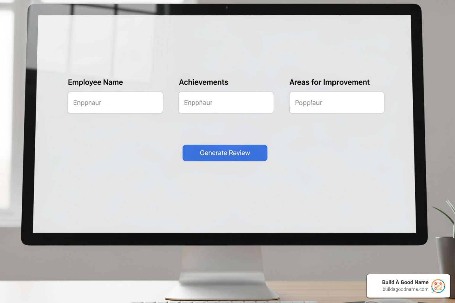 Simple AI generator UI showing input fields for employee name, achievements, and areas for improvement - AI powered review tool