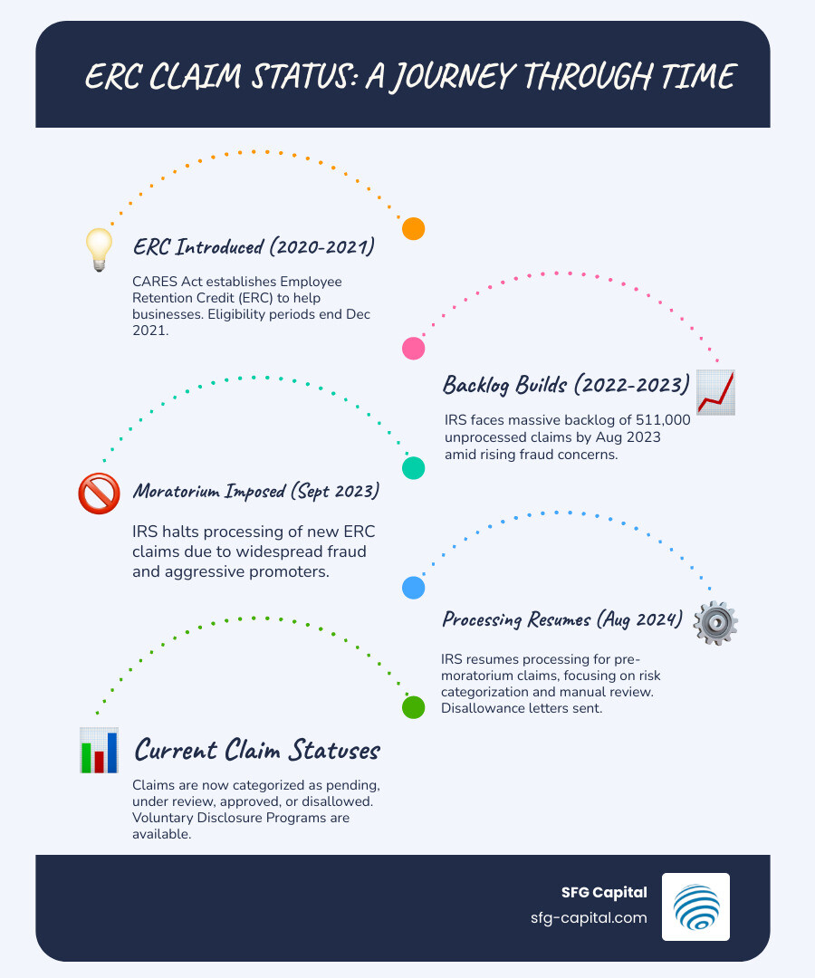 Infographic showing the ERC timeline from March 2020 creation through CARES Act, eligibility periods ending December 2021, September 2023 moratorium, August 2024 processing resumption with risk categorization, voluntary disclosure programs, and current claim status categories including pending, under review, approved, and disallowed - ERC claim status infographic infographic-line-5-steps-blues-accent_colors
