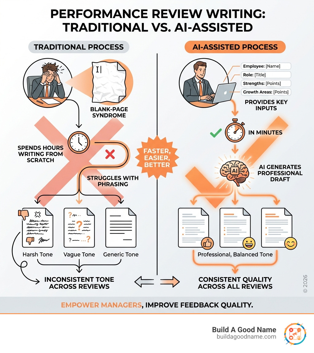 Infographic comparing traditional performance review writing process (manager spends hours writing from scratch, struggles with phrasing, inconsistent tone across reviews) versus AI-assisted process (manager provides key inputs in minutes, AI generates professional draft, manager reviews and personalizes, consistent quality across all reviews) - AI powered review tool infographic 