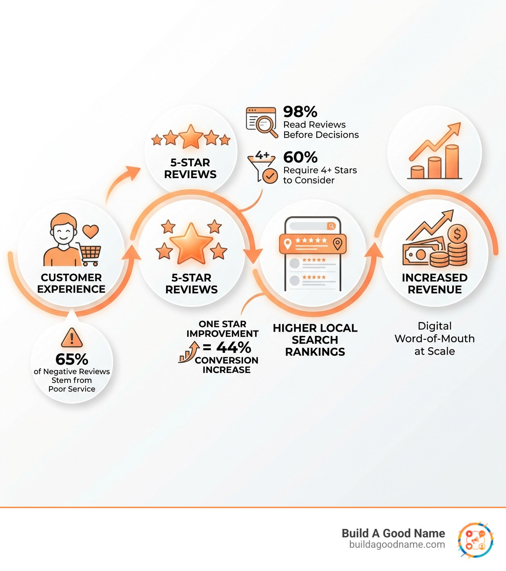 infographic showing the pathway from customer experience to 5-star reviews to higher local search rankings to increased revenue, with key statistics: 98% of consumers read reviews, 60% require 4+ stars, 44% conversion increase with one star improvement, and 65% of negative reviews stem from poor service - improve business star rating infographic 
