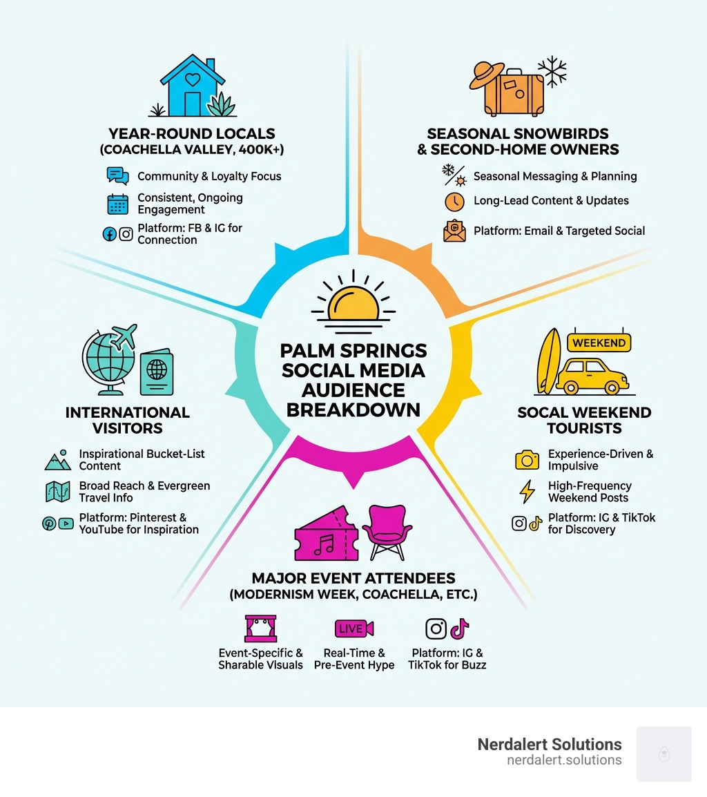 Infographic showing the Palm Springs social media audience breakdown: Year-round local residents (400,000 Coachella Valley population), seasonal snowbirds and second-home owners, Southern California weekend tourists, major event attendees like Modernism Week and Coachella, and international visitors seeking desert experiences. Each segment requires different content strategies, posting schedules, and platform priorities. - palm springs social media marketing infographic 