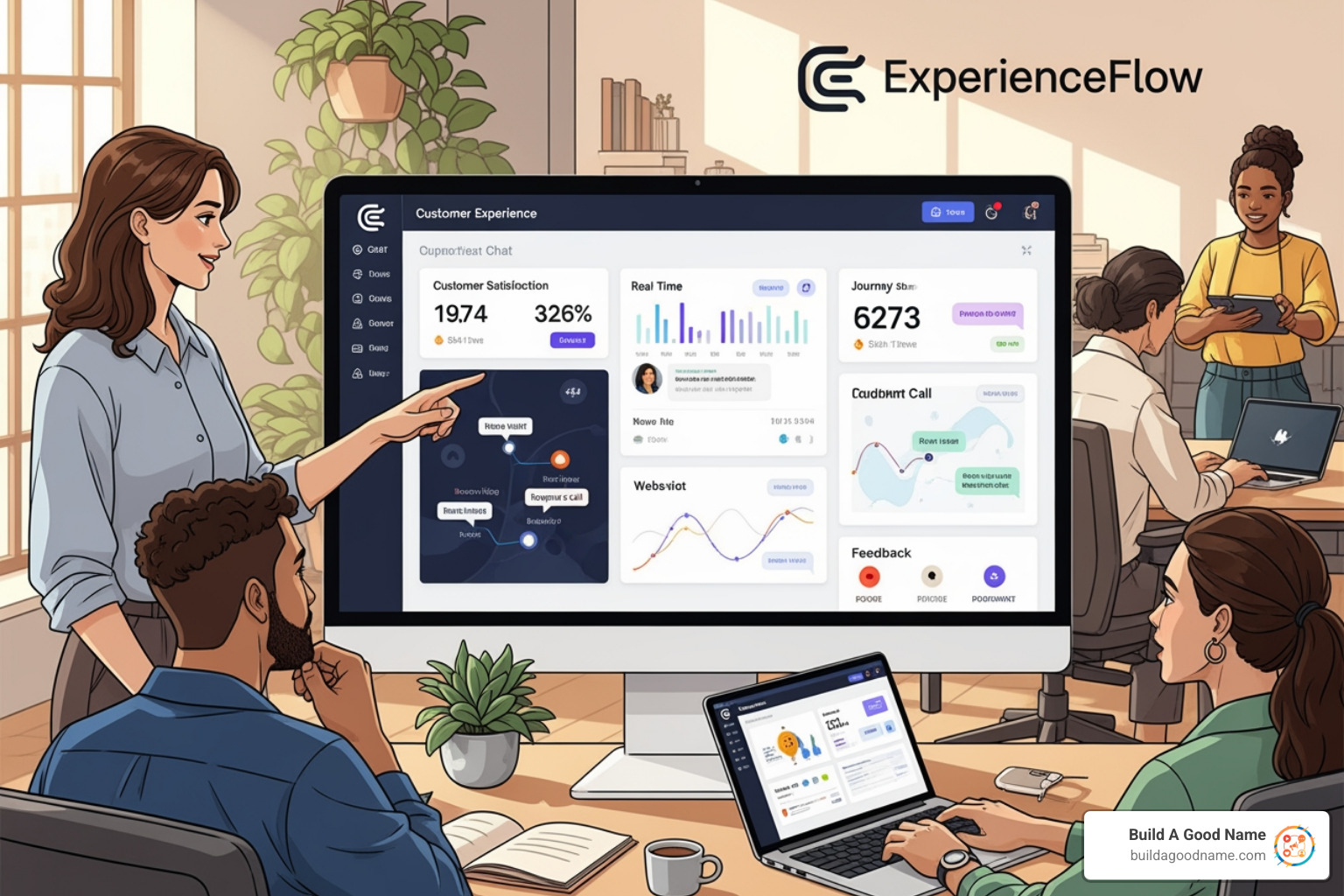 Image of a dashboard showing positive customer metrics like satisfaction and retention - customer experience software
