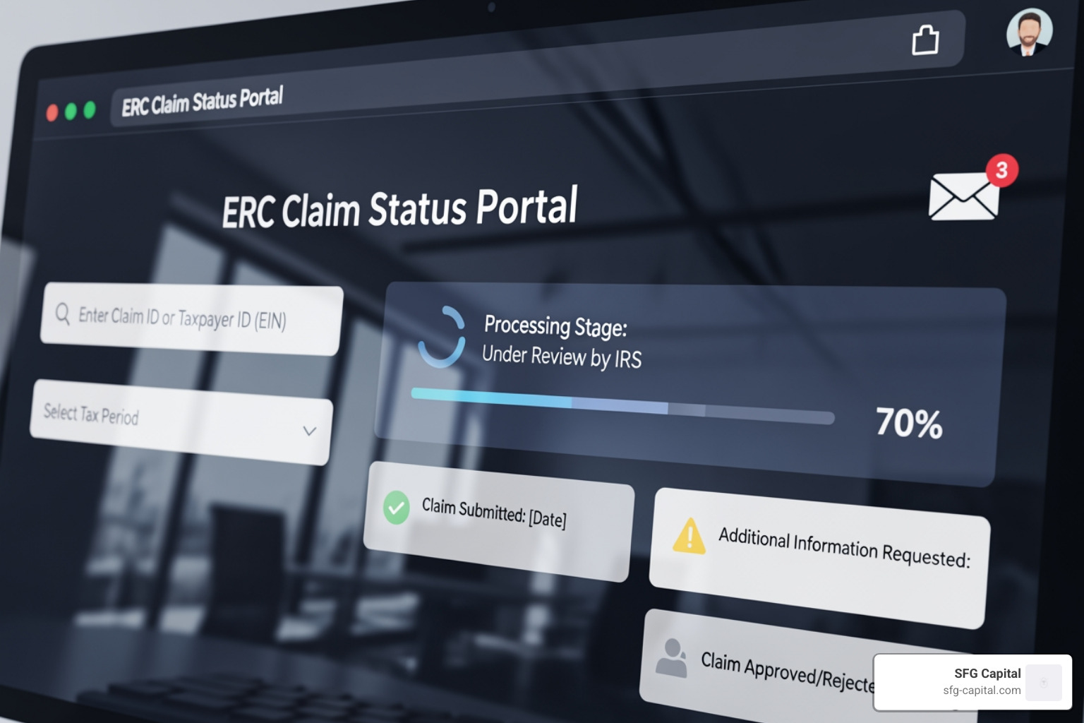 Image of a computer screen showing a fictional claim status portal - ERC claim status
