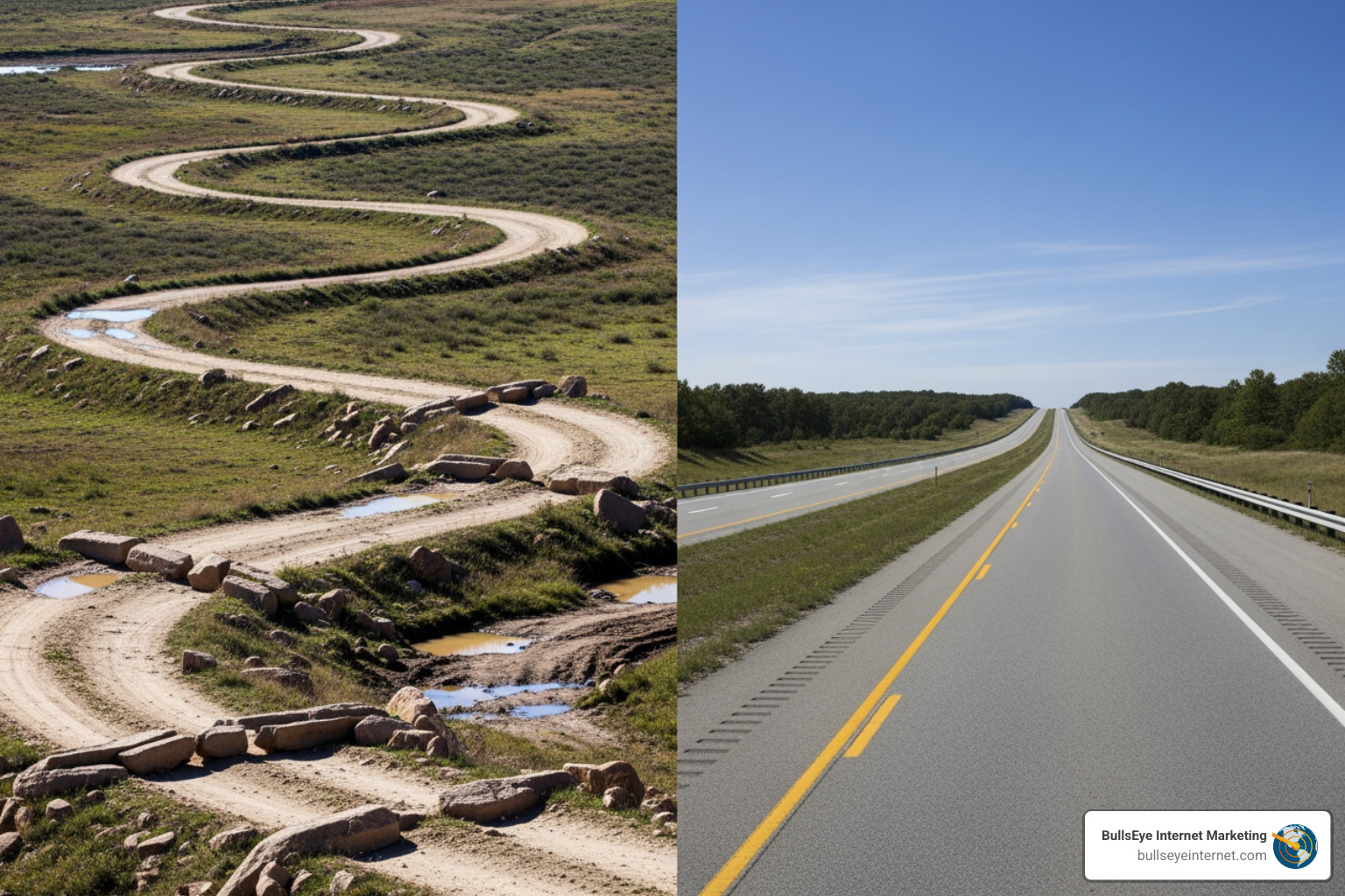 winding road versus straight highway, symbolizing startup vs. traditional marketing paths - marketing agency for startups