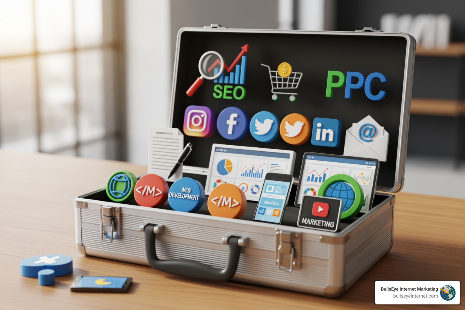 toolbox with different digital marketing icons (SEO, PPC, etc.) - marketing agency for startups