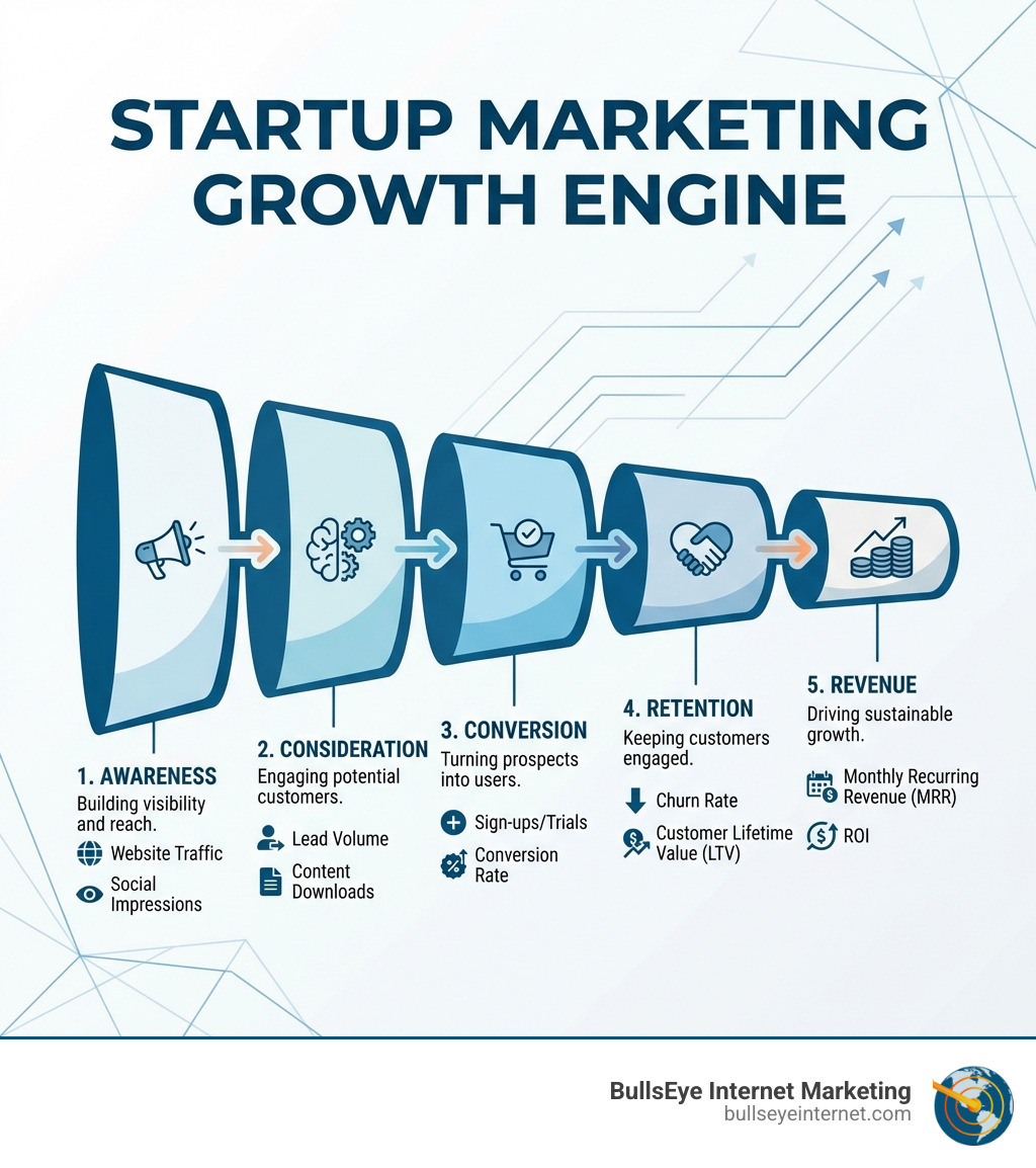 infographic showing startup marketing funnel from awareness through consideration, conversion, retention to revenue with key metrics at each stage - marketing agency for startups infographic 