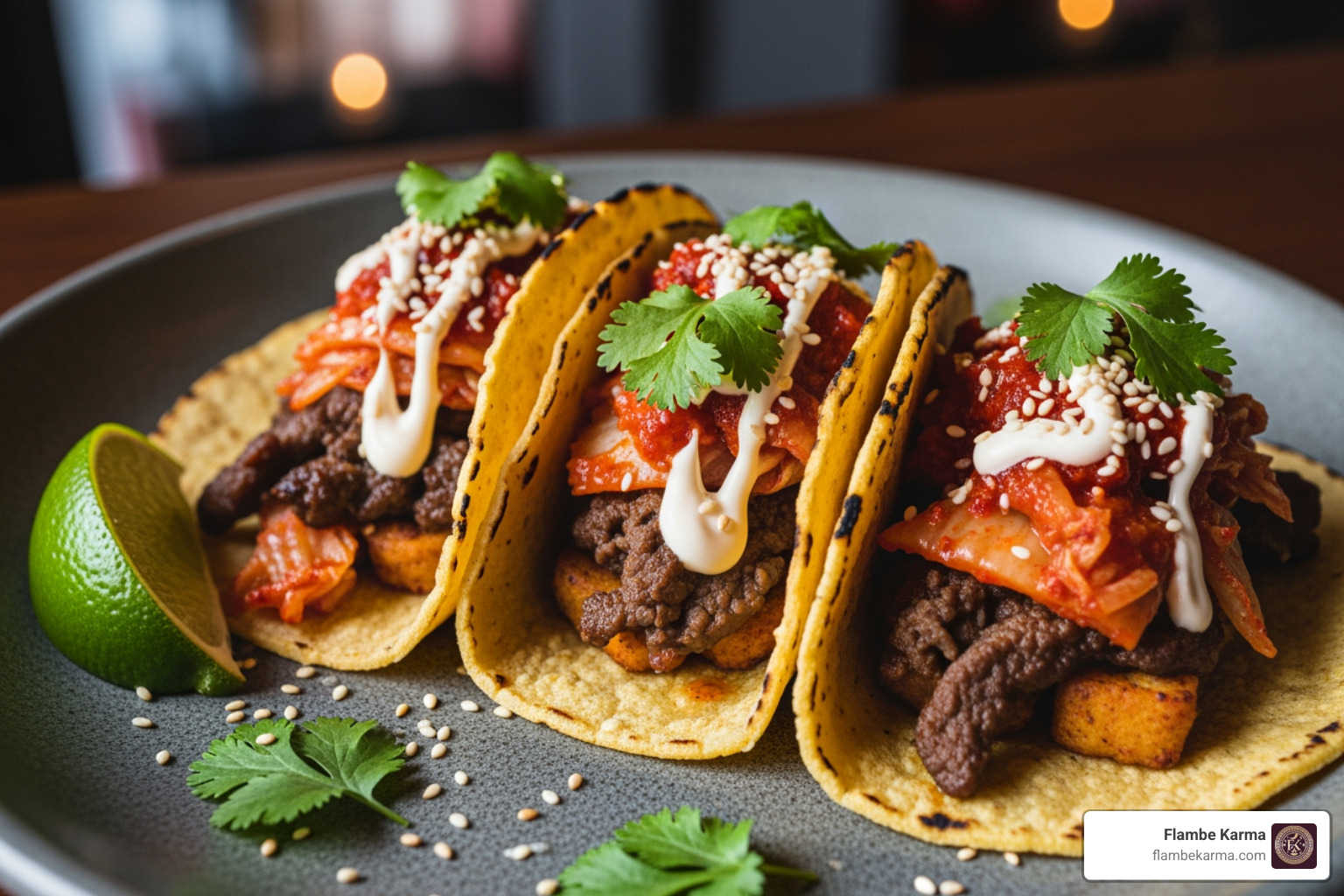 colorful kimchi tacos from Flambe Karma - Fusion food delivery