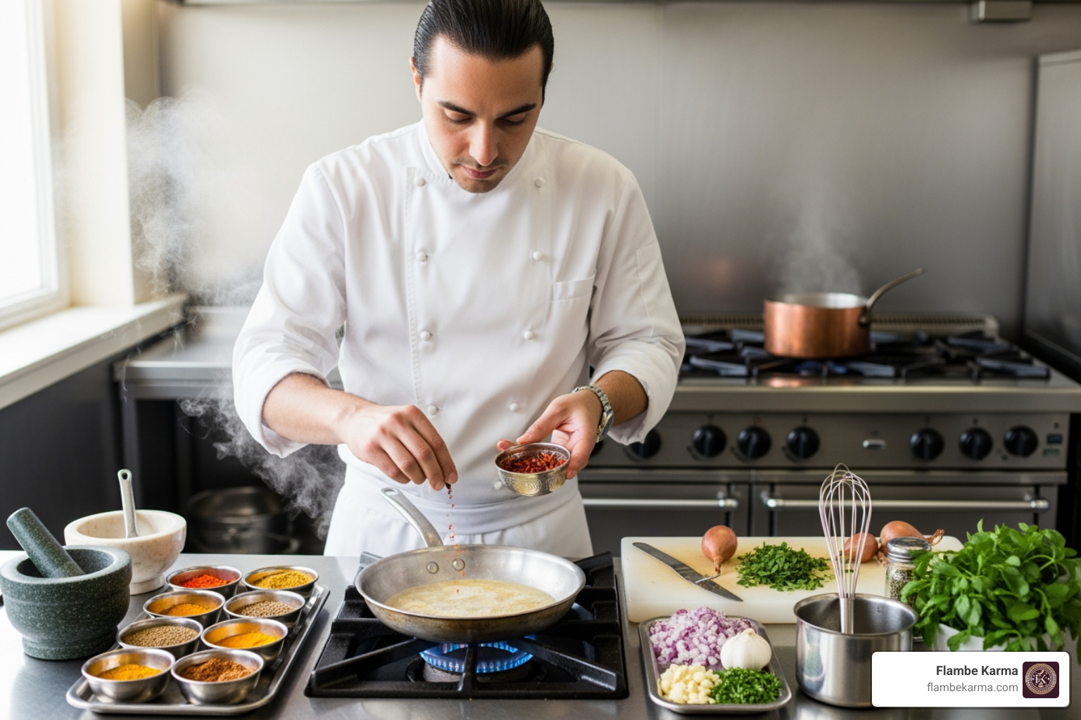 Flambe Karma chef artfully combining ingredients from different cultures - Fusion food delivery