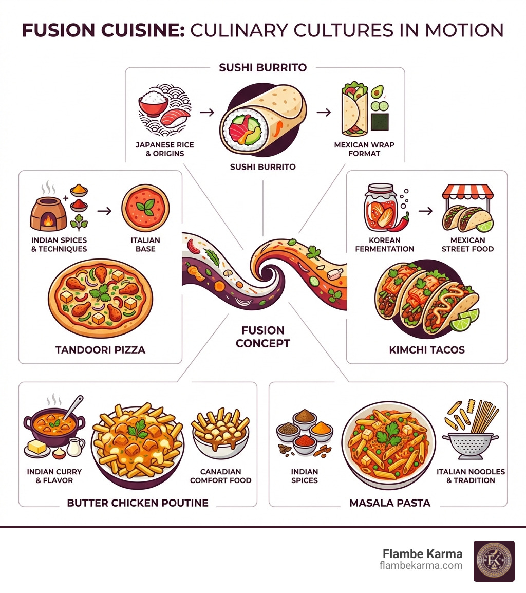 infographic showing fusion cuisine concept with examples: sushi burrito (Japanese rice + Mexican wrap format), tandoori pizza (Indian spices + Italian base), kimchi tacos (Korean fermentation + Mexican street food), butter chicken poutine (Indian curry + Canadian comfort food), and masala pasta (Indian spices + Italian noodles) - Fusion food delivery infographic 