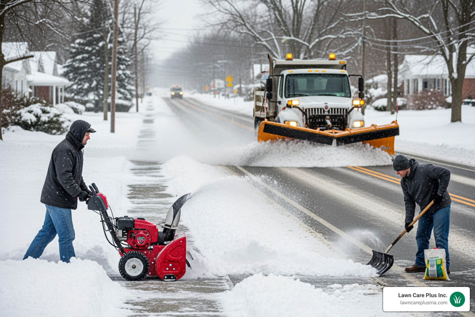 Various snow removal equipment like a plow truck, a snow blower, and a person with a shovel and salt spreader - Snow removal Jamaica Plain
