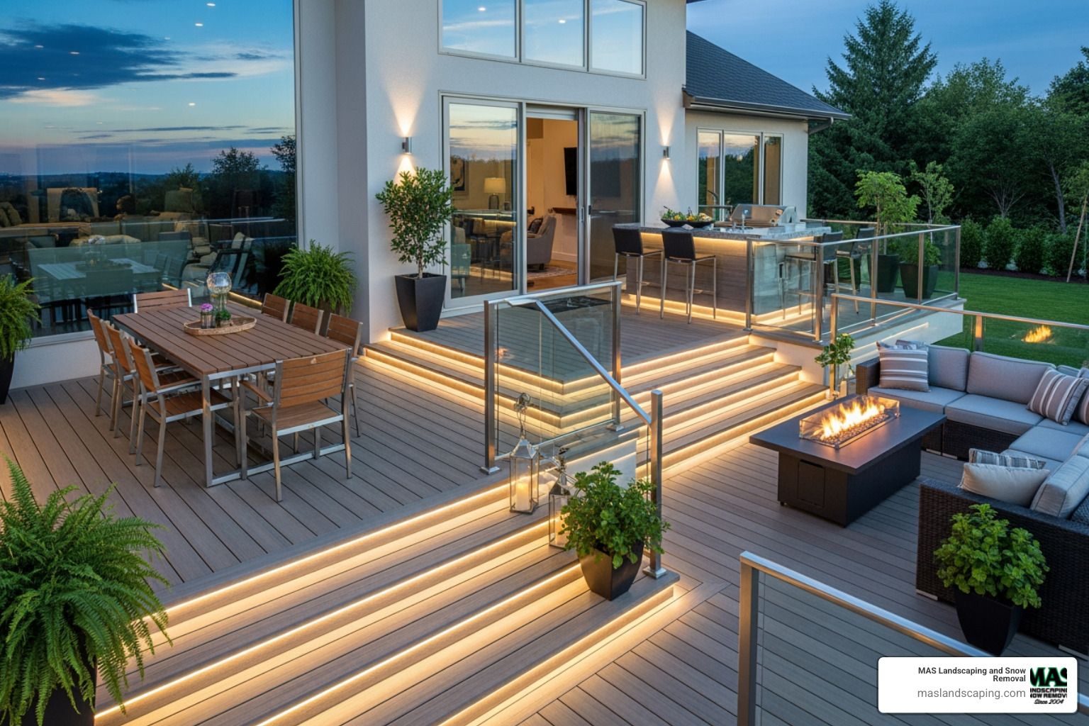 modern multi-level composite deck with integrated lighting and glass railings - deck and patio design near me