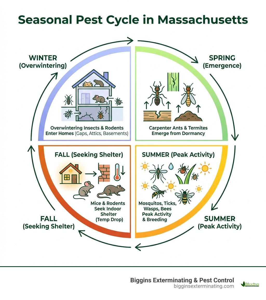 Infographic showing the seasonal pest cycle in Massachusetts: Spring brings carpenter ants and termites emerging from dormancy; Summer sees peak activity of mosquitoes, ticks, wasps, and bees breeding in warm weather; Fall triggers mice and rodents seeking indoor shelter as temperatures drop; Winter drives overwintering insects into homes through gaps and entry points, while rodents nest in attics, basements, and garages - pest control in burlington ma infographic Infographic showing the seasonal pest cycle in Massachusetts: Spring brings carpenter ants and termites emerging from dormancy; Summer sees peak activity of mosquitoes, ticks, wasps, and bees breeding in warm weather; Fall triggers mice and rodents seeking indoor shelter as temperatures drop; Winter drives overwintering insects into homes through gaps and entry points, while rodents nest in attics, basements, and garages - pest control in burlington ma infographic