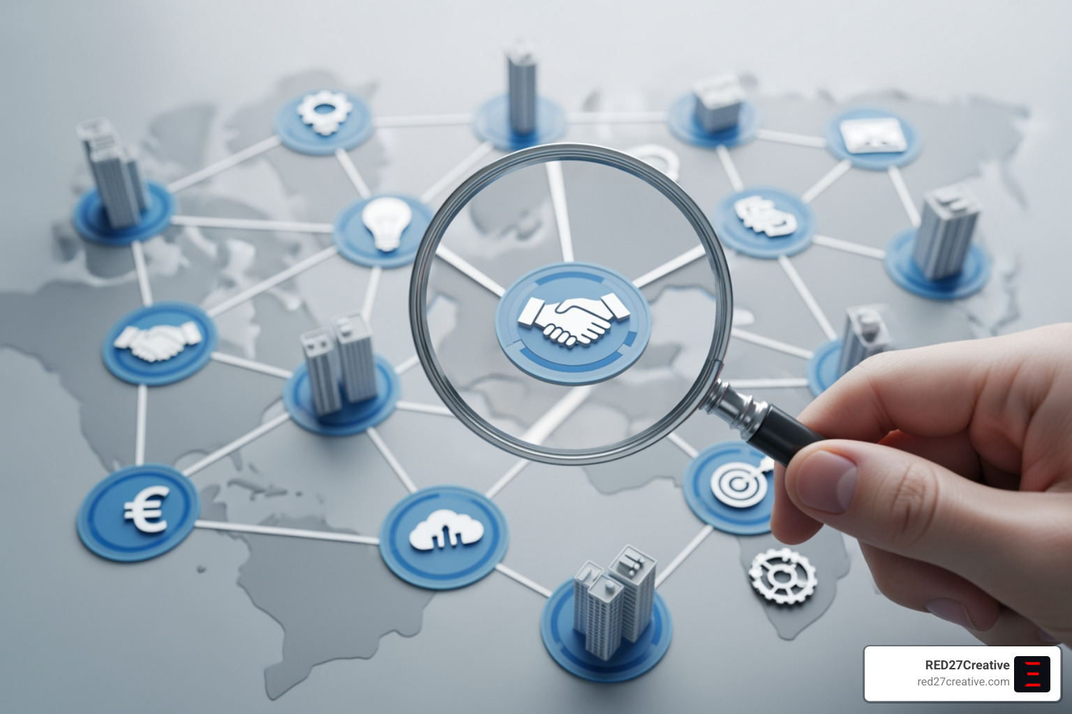 Magnifying glass over a network of businesses, symbolizing the meticulous process of identifying the perfect strategic marketing partner - strategic marketing partner Magnifying glass over a network of businesses, symbolizing the meticulous process of identifying the perfect strategic marketing partner - strategic marketing partner