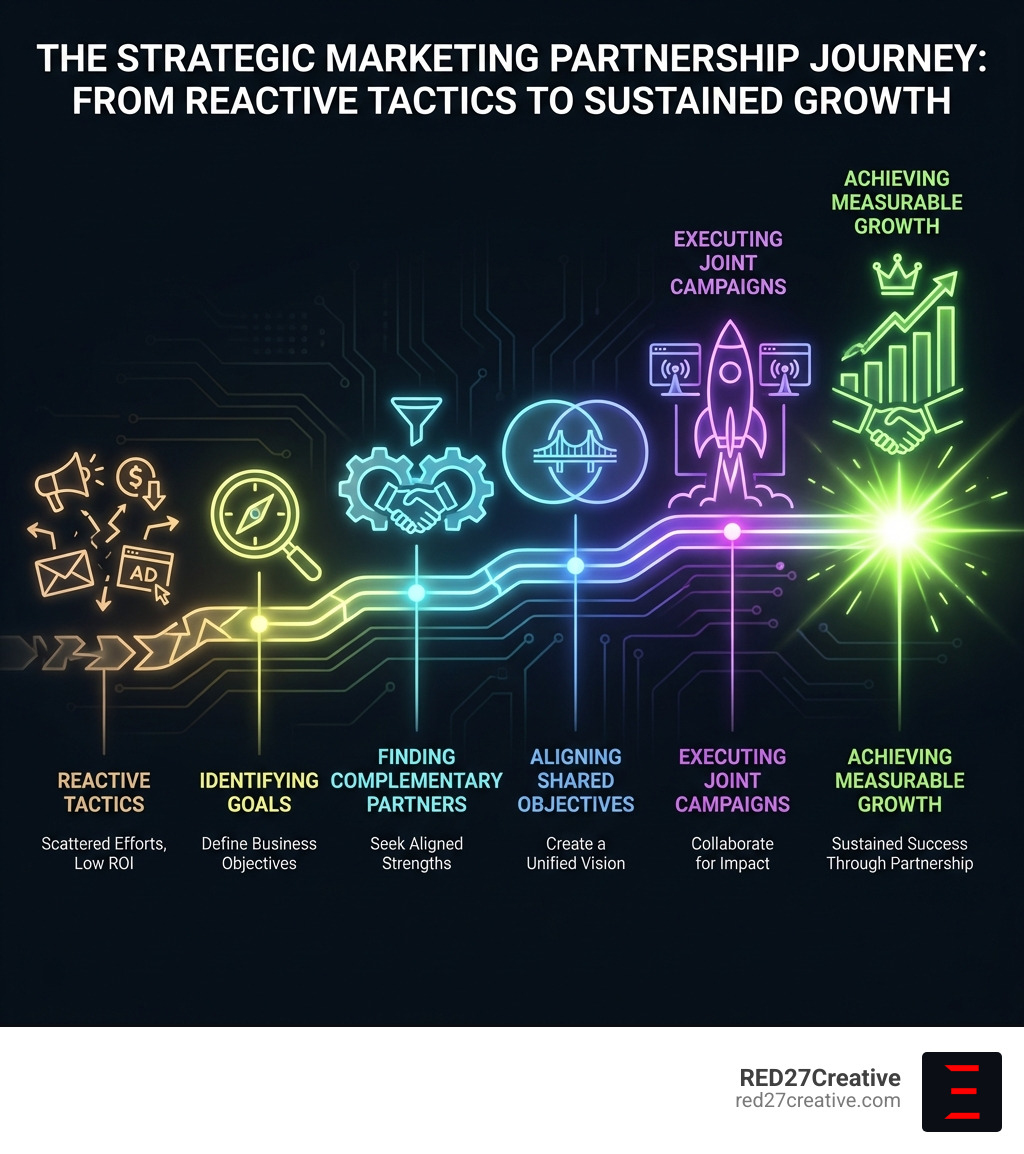 Infographic showing the journey from reactive marketing tactics to a strategic partnership approach, including key milestones: scattered tactics with low ROI, identifying business goals, finding complementary partners, aligning shared objectives, executing joint campaigns, and achieving measurable growth through partnership - strategic marketing partner infographic Infographic showing the journey from reactive marketing tactics to a strategic partnership approach, including key milestones: scattered tactics with low ROI, identifying business goals, finding complementary partners, aligning shared objectives, executing joint campaigns, and achieving measurable growth through partnership - strategic marketing partner infographic