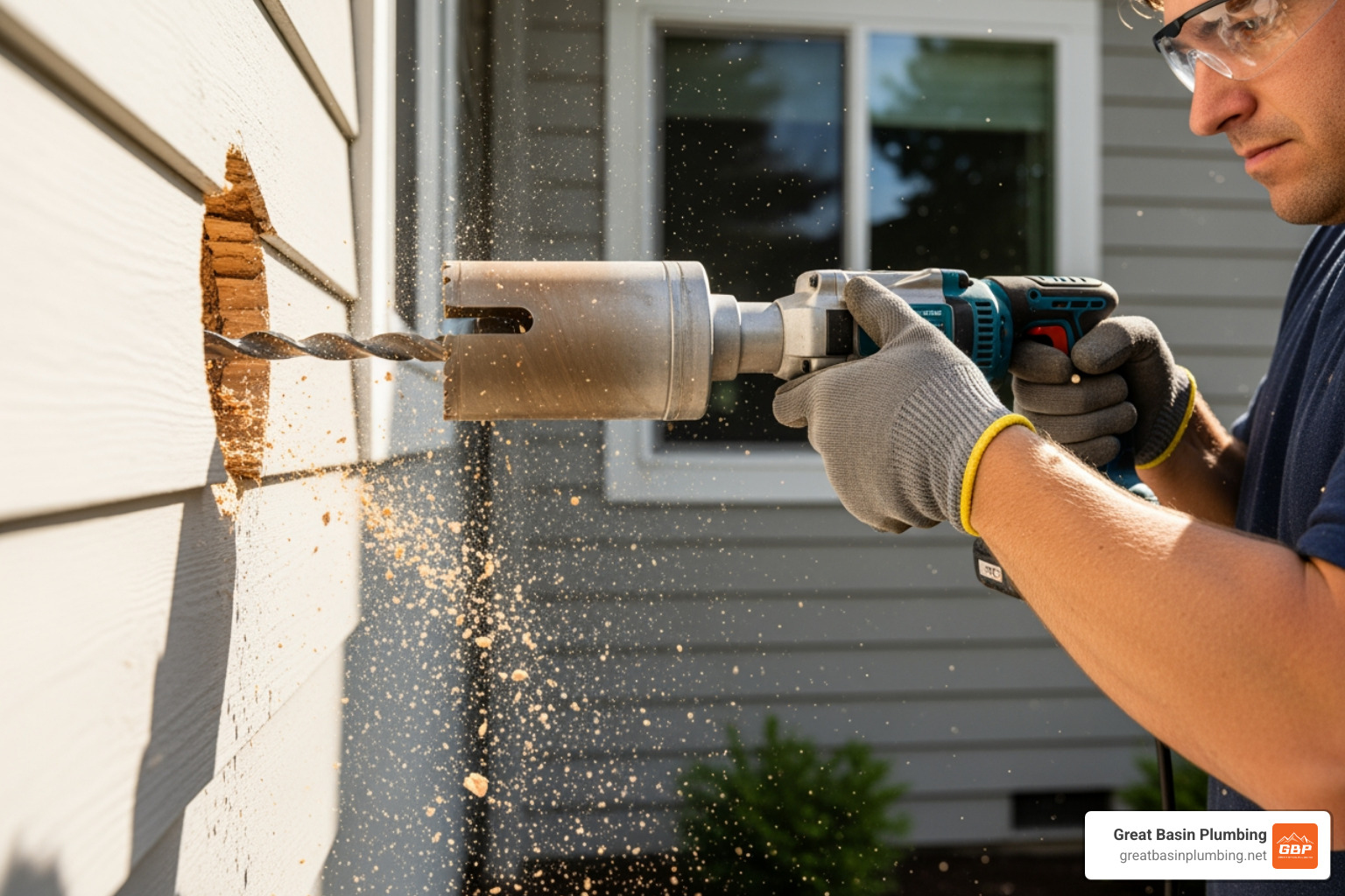 drill with hole saw bit drilling through exterior wall - Outdoor hose bib installation