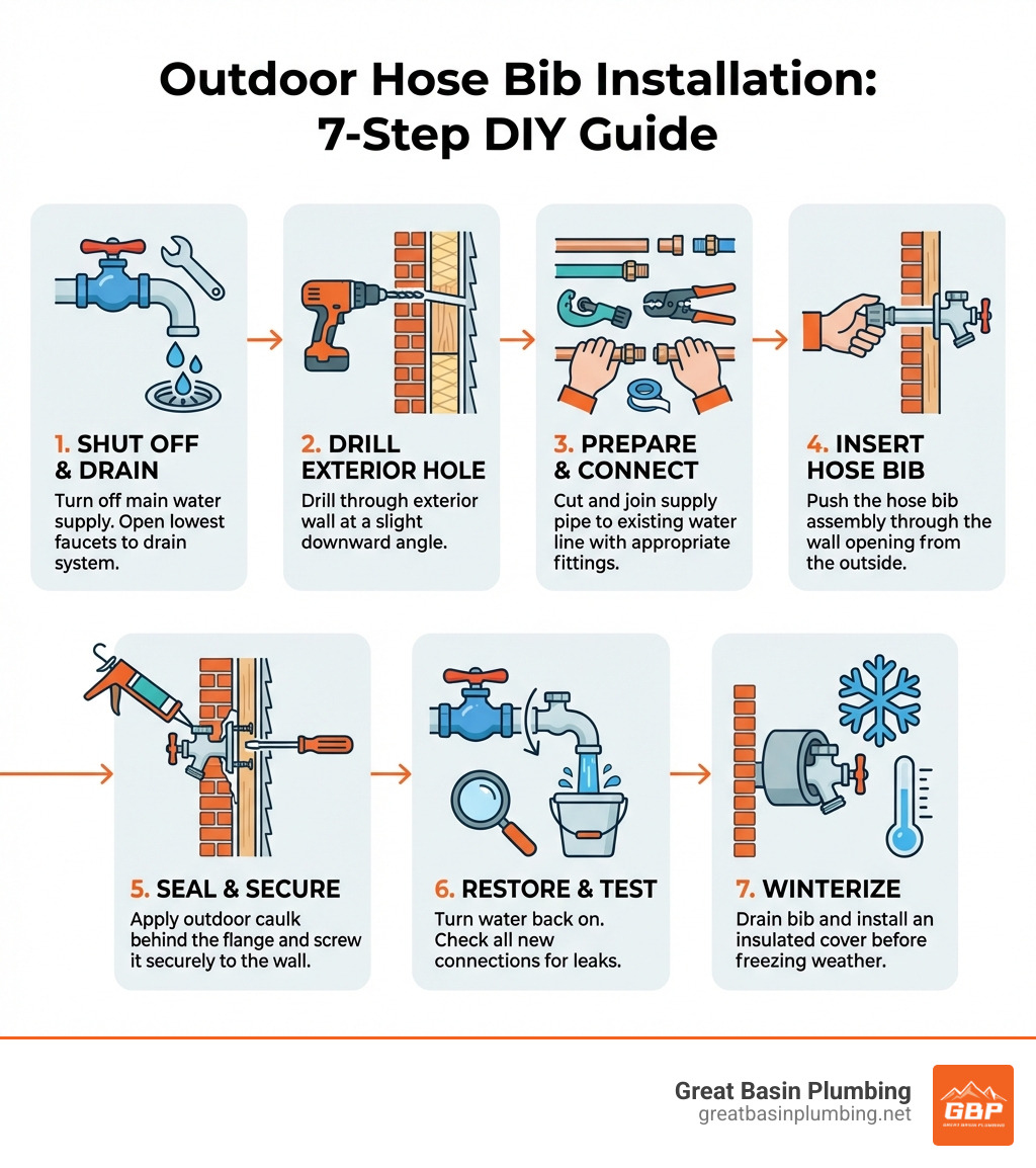 infographic showing outdoor hose bib installation steps: 1. shut off water supply and drain pipes, 2. drill hole through exterior wall, 3. prepare and connect pipe to water line, 4. insert hose bib through wall opening, 5. seal and secure flange to wall, 6. turn water back on and test for leaks, 7. winterize before freezing temperatures - Outdoor hose bib installation infographic 