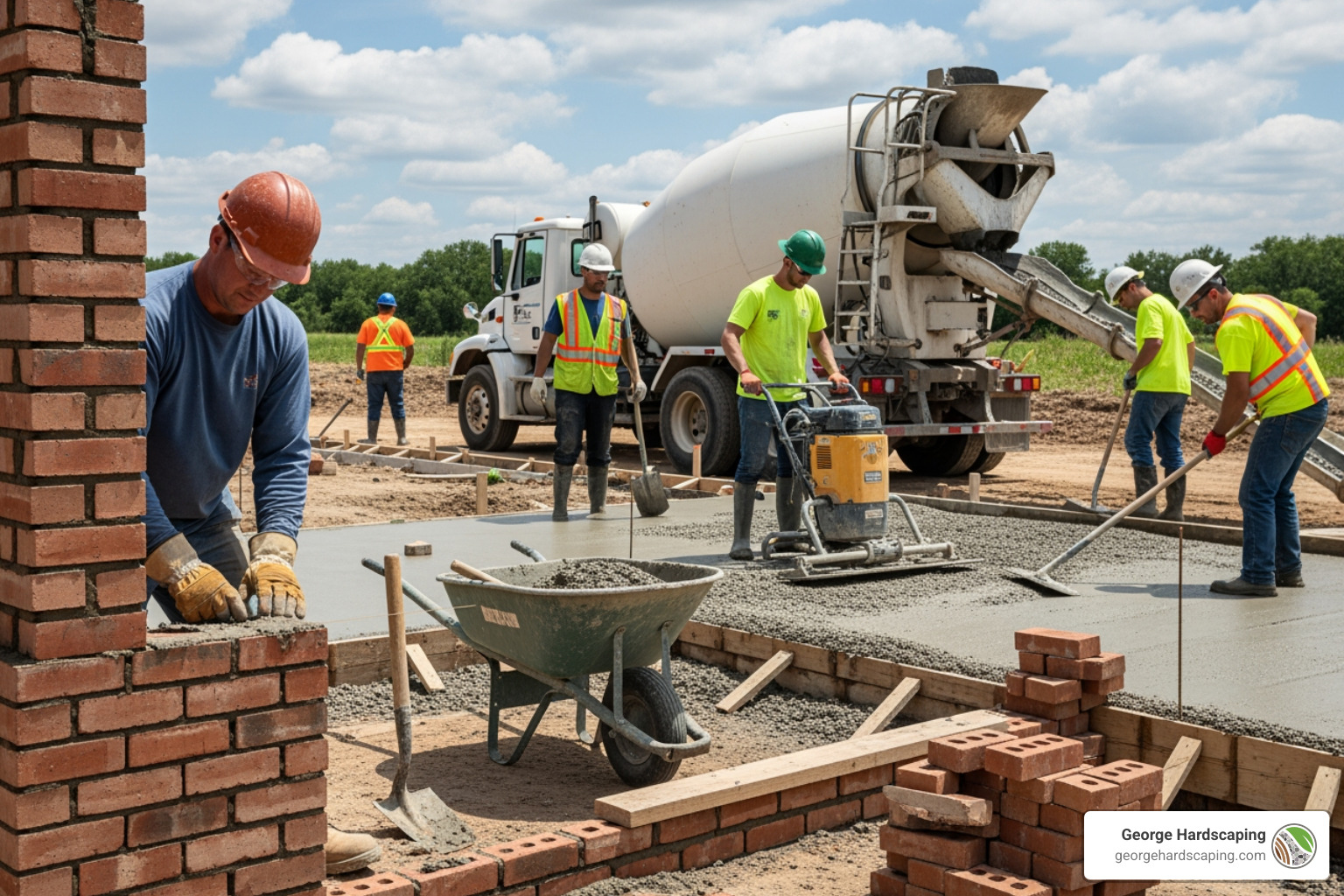 A homeowner and a masonry contractor reviewing plans on a job site, showing a collaborative and professional interaction - masonry and concrete contractors near me