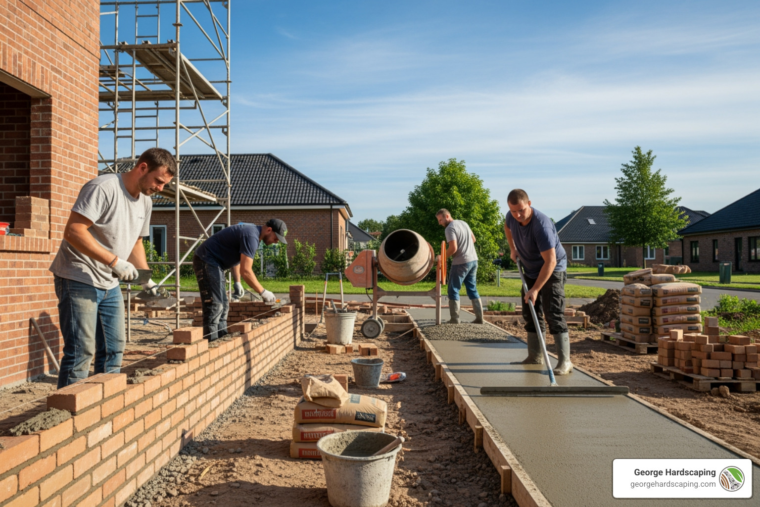A team of masonry contractors carefully laying pavers for a new patio, demonstrating attention to detail and teamwork - masonry and concrete contractors near me