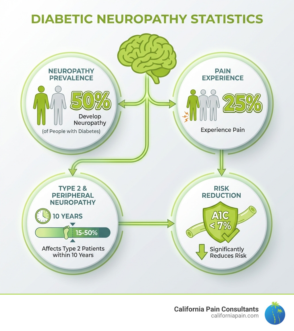 infographic showing diabetic neuropathy statistics: 50% of people with diabetes develop neuropathy, 25% experience pain, peripheral neuropathy affects 15-50% of type 2 diabetes patients within 10 years, and maintaining A1C below 7% significantly reduces risk - Diabetic nerve pain relief infographic 