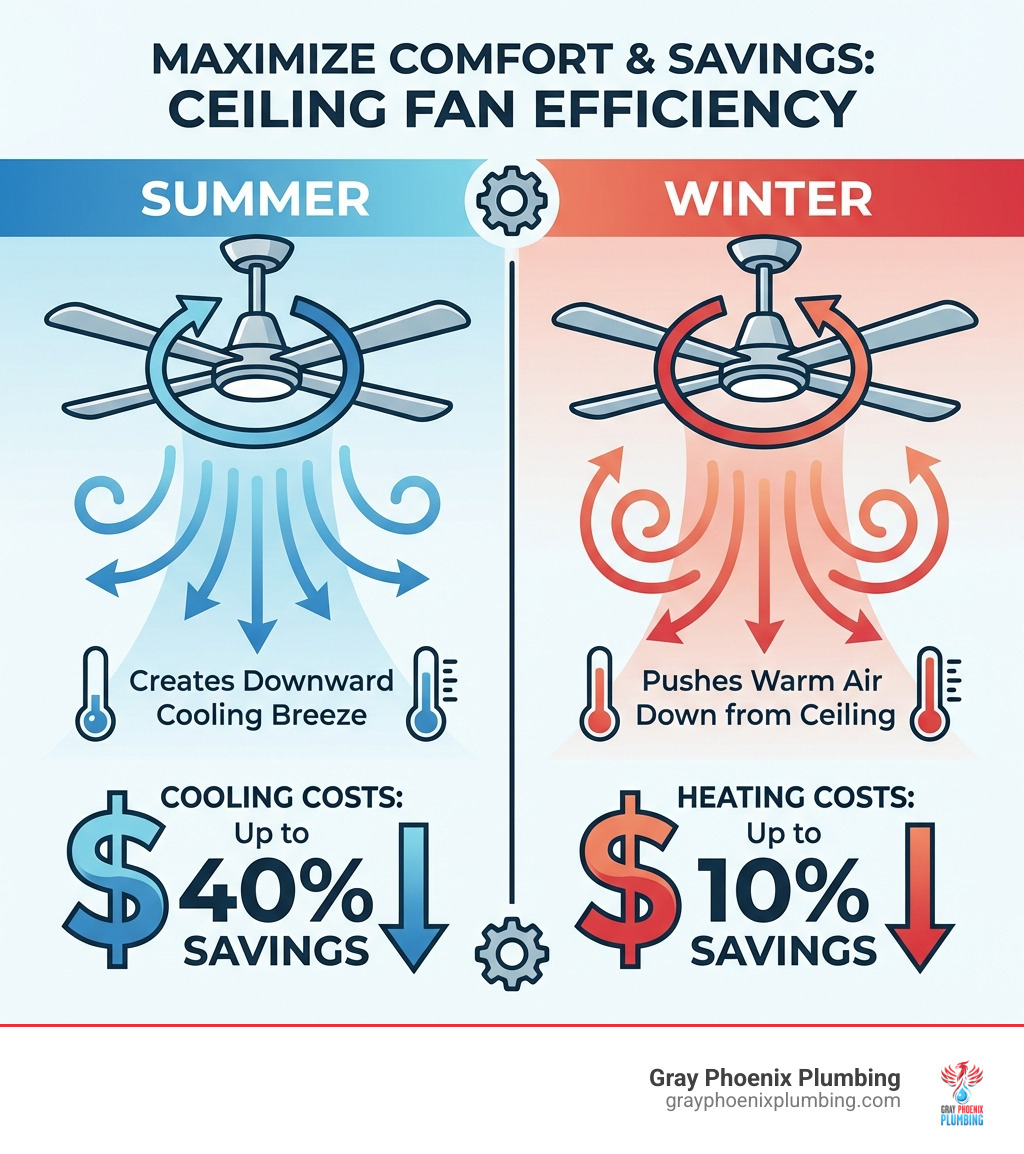 Infographic showing ceiling fan rotation: counterclockwise in summer creating downward cooling breeze, clockwise in winter pushing warm air down from ceiling, with energy savings up to 40% on cooling costs and 10% on heating costs - Ceiling fan installation Parker infographic Infographic showing ceiling fan rotation: counterclockwise in summer creating downward cooling breeze, clockwise in winter pushing warm air down from ceiling, with energy savings up to 40% on cooling costs and 10% on heating costs - Ceiling fan installation Parker infographic
