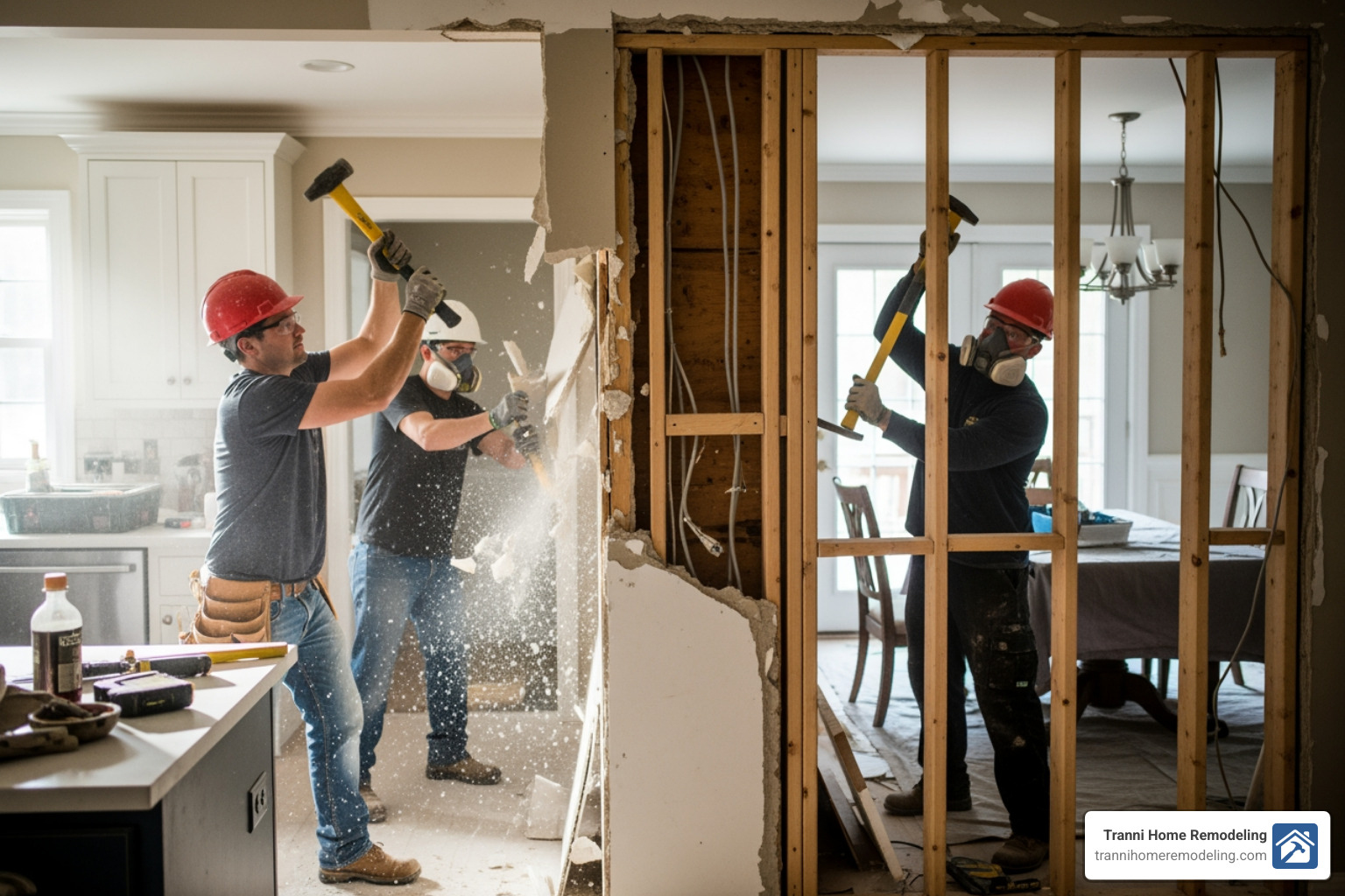 Wall being removed between a kitchen and dining room - before and after kitchen remodel
