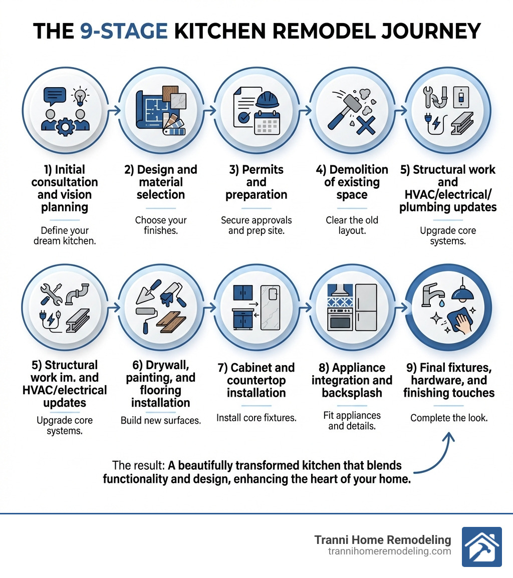 Infographic showing the 9 stages of a kitchen remodel: 1) Initial consultation and vision planning, 2) Design and material selection, 3) Permits and preparation, 4) Demolition of existing space, 5) Structural work and HVAC/electrical/plumbing updates, 6) Drywall, painting, and flooring installation, 7) Cabinet and countertop installation, 8) Appliance integration and backsplash, 9) Final fixtures, hardware, and finishing touches - before and after kitchen remodel infographic 