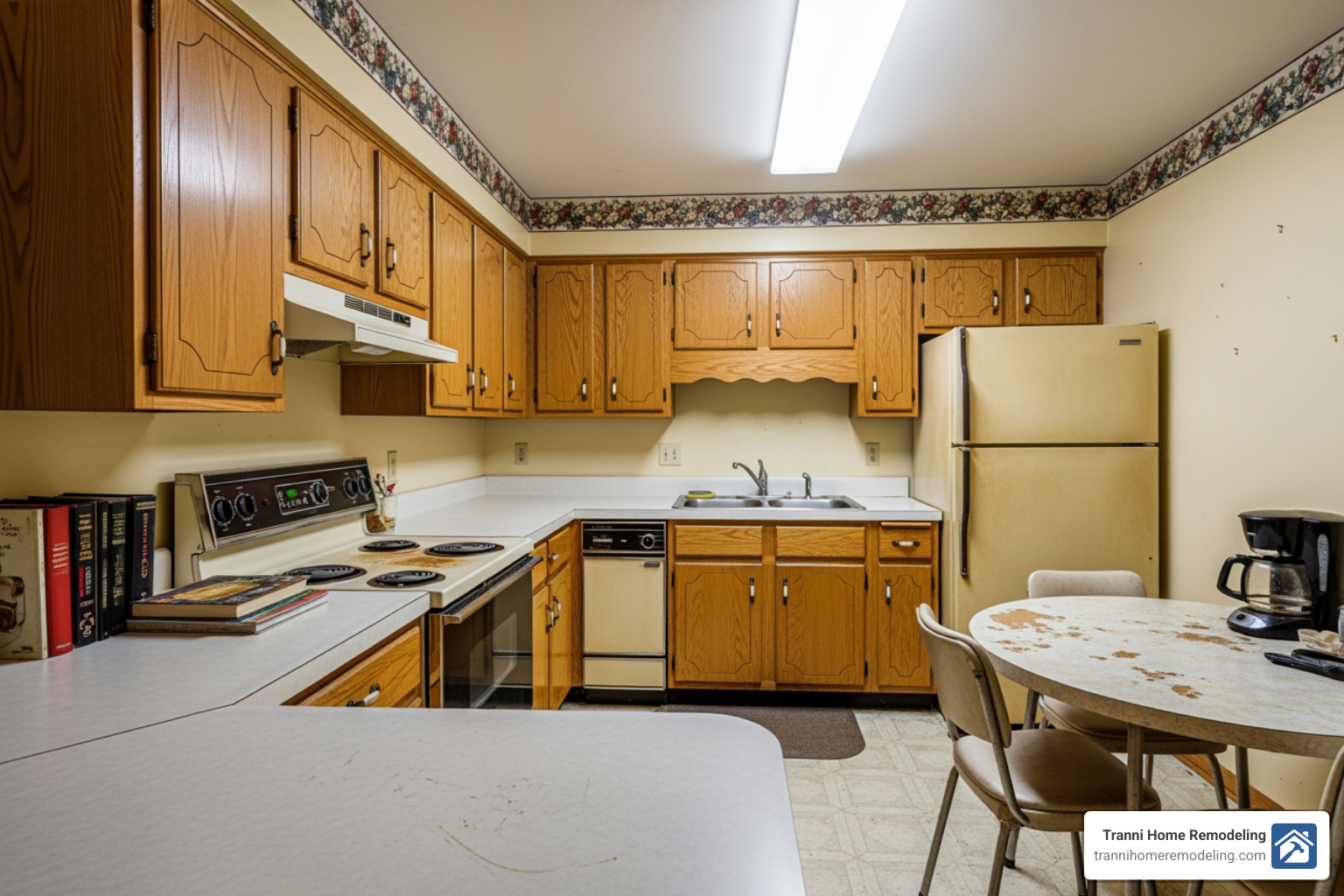 Dated 1990s kitchen with oak cabinets and laminate counters - before and after kitchen remodel