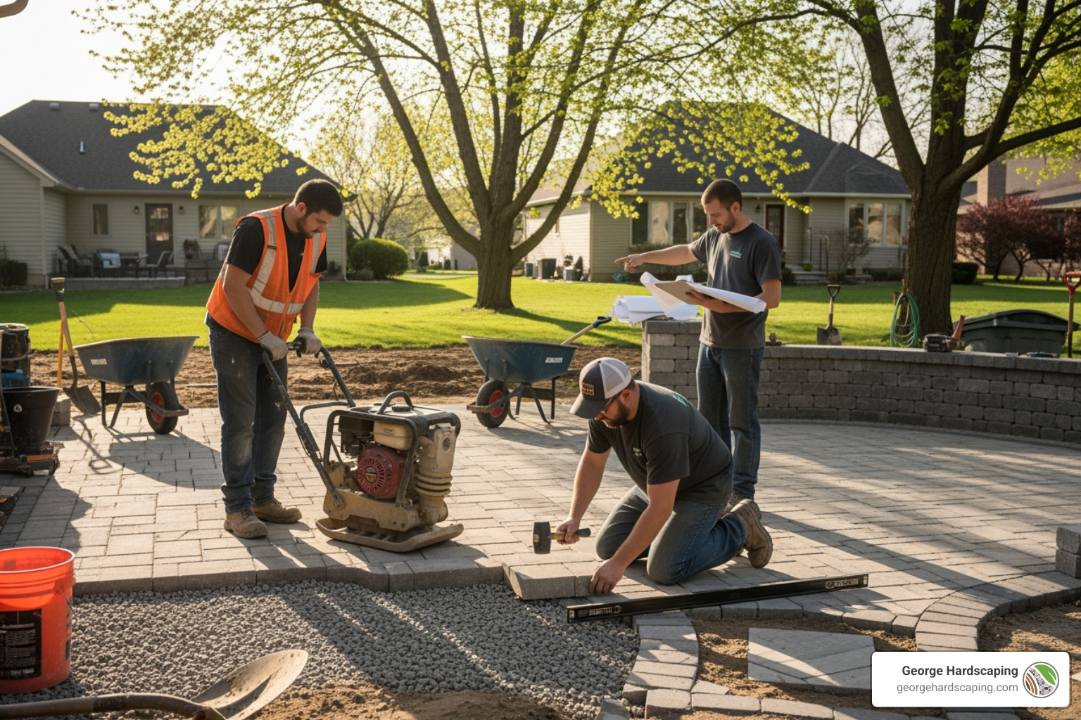 A custom outdoor fire pit area at dusk, with ambient lighting and people enjoying the space. - backyard hardscape contractors
