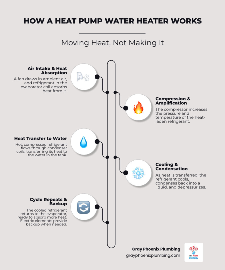 Infographic showing heat pump water heater operation: air enters through fan, refrigerant absorbs heat in evaporator, compressor increases temperature, condenser coils transfer heat to water tank, cool air exhausts, backup electric elements shown for high demand periods - heat pump water heater how it works infographic infographic-line-5-steps-elegant_beige