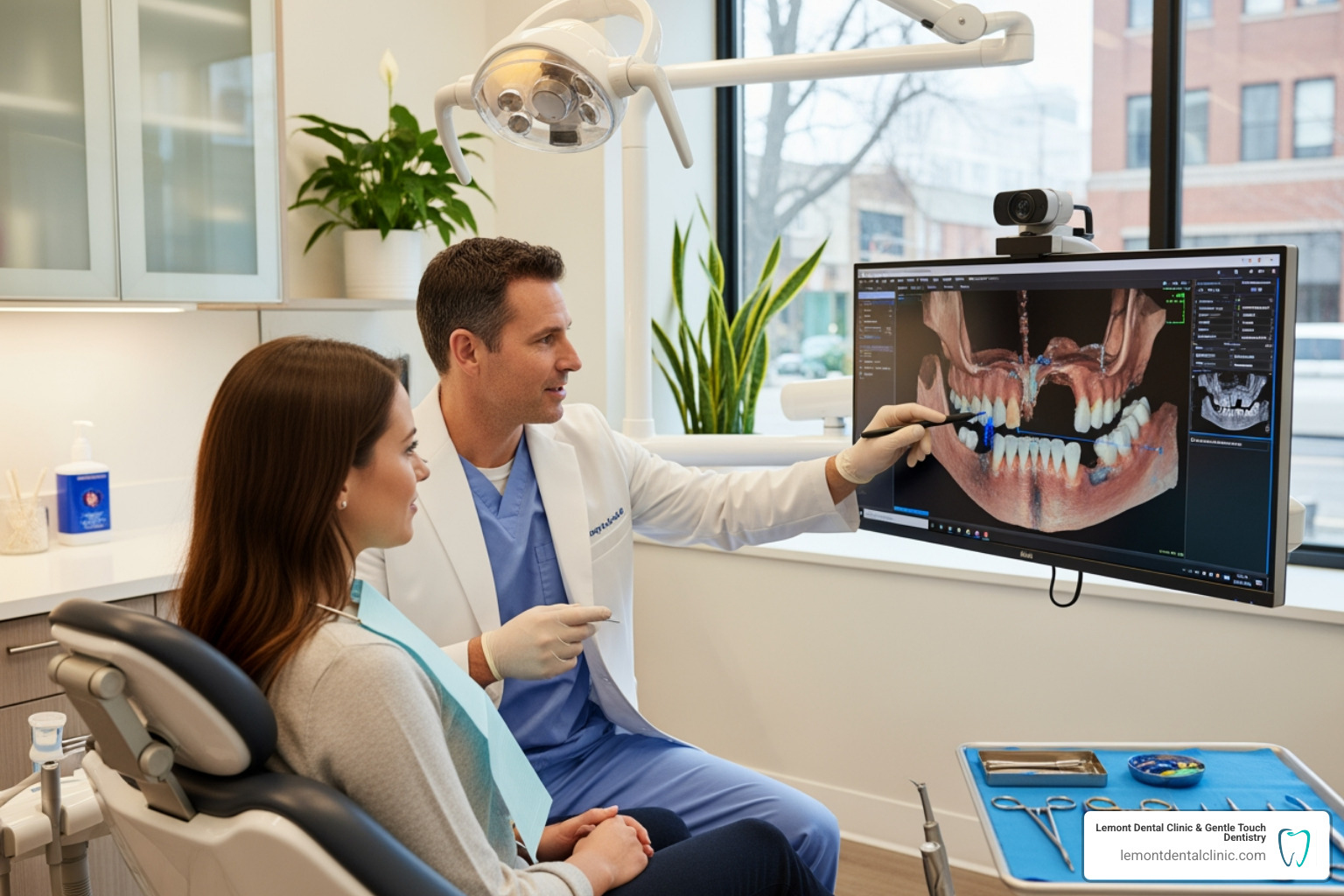 periodontist consulting with a patient using a 3D scan - dental implants periodontist
