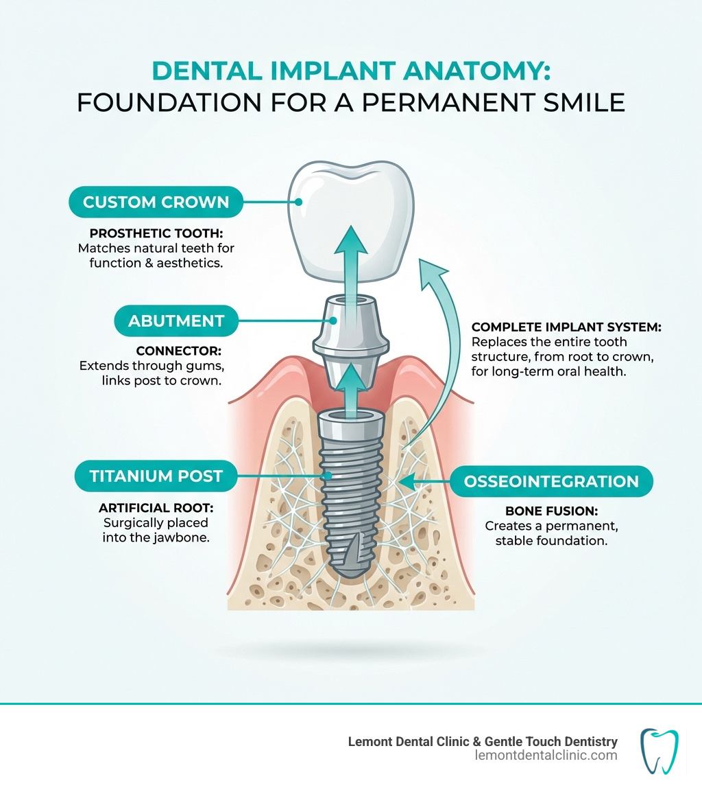 Infographic showing the anatomy of a dental implant system: the titanium post surgically placed into the jawbone acting as an artificial root, the abutment connector piece that extends through the gums, and the custom crown that matches your natural teeth, with labels indicating how osseointegration creates bone fusion for a permanent foundation - dental implants periodontist infographic 