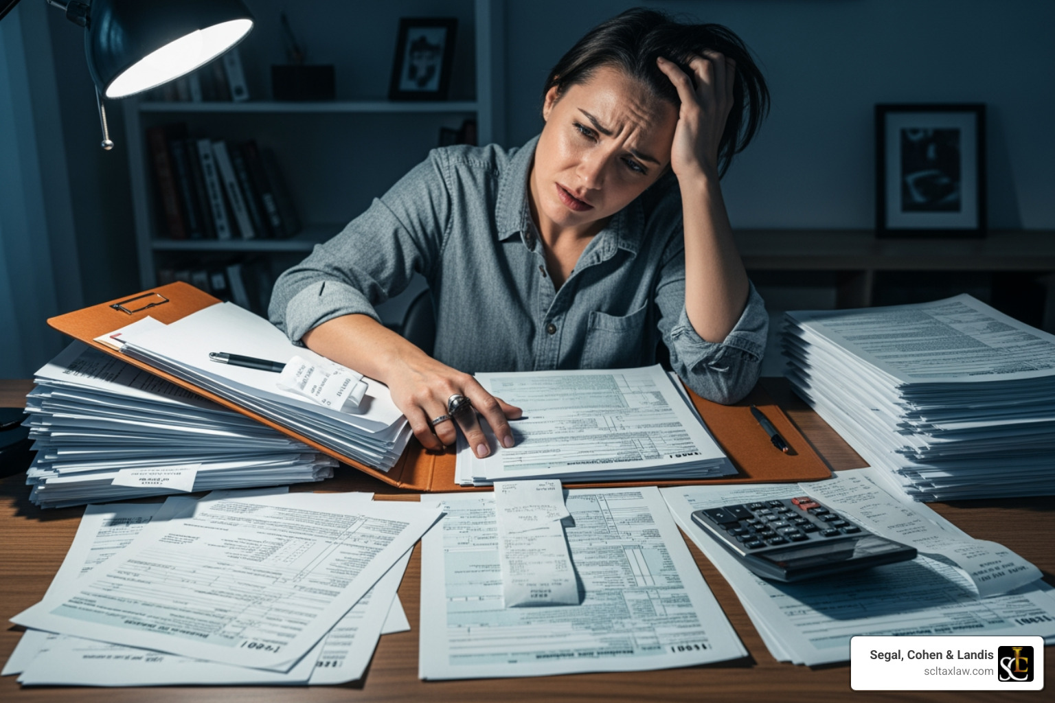 person looking stressed while reviewing official-looking documents - tax lawyer los angeles