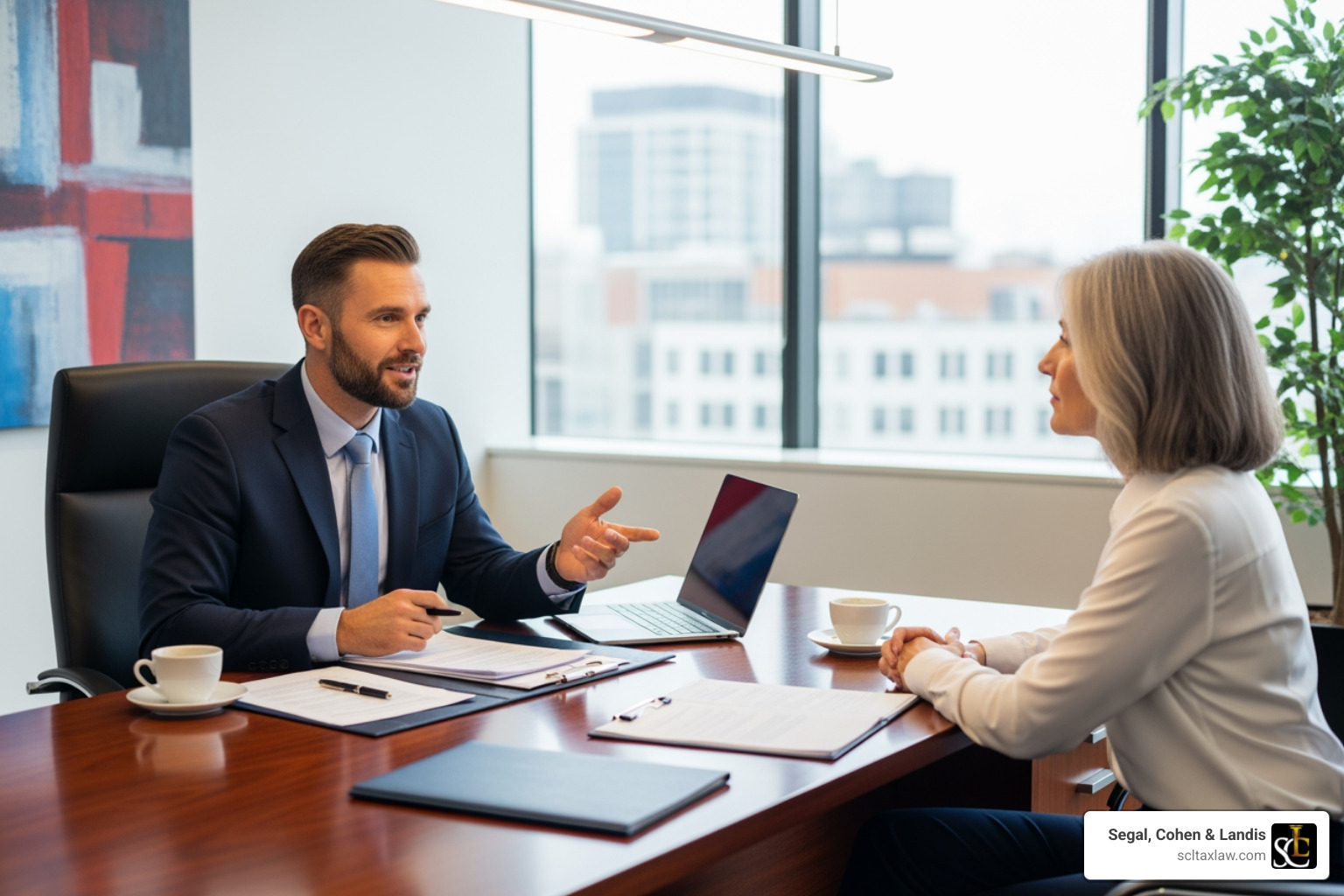 Lawyer confidently speaking with a client - tax lawyer los angeles