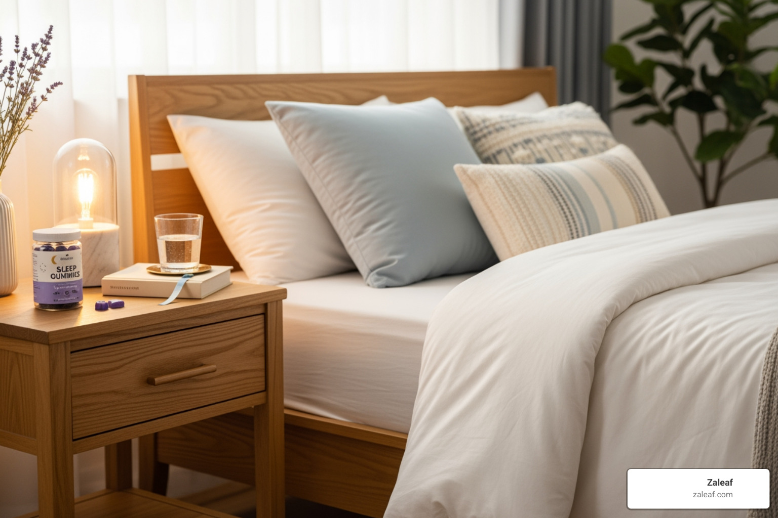 peaceful bedroom with sleep gummies on nightstand - Gummies to fall asleep peaceful bedroom with sleep gummies on nightstand - Gummies to fall asleep