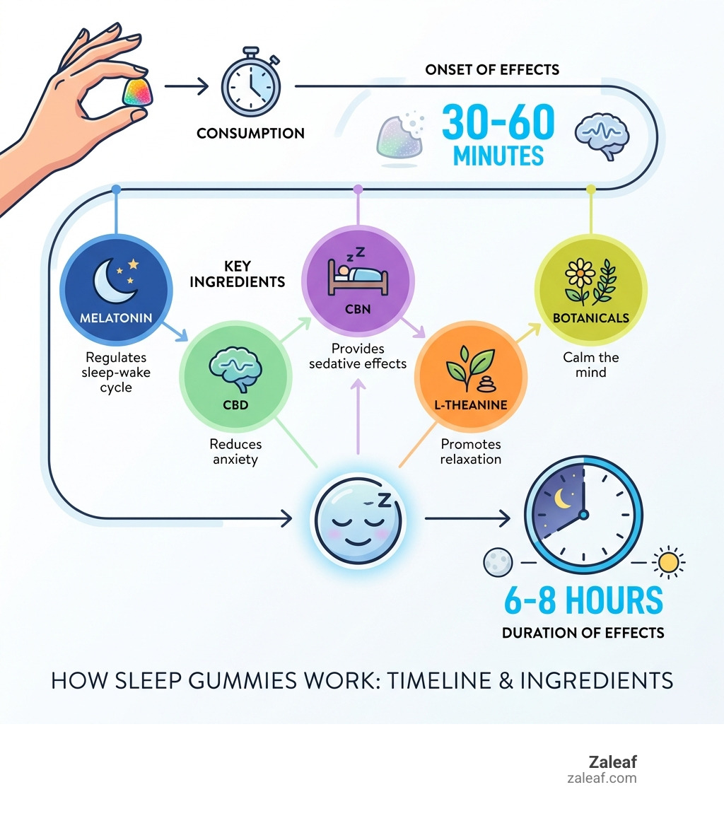 infographic showing how sleep gummies work: timeline from consumption to onset of effects (30-60 minutes), key ingredients (melatonin regulates sleep-wake cycle, CBD reduces anxiety, CBN provides sedative effects, L-theanine promotes relaxation, botanicals calm the mind), and duration of effects (6-8 hours) - Gummies to fall asleep infographic infographic showing how sleep gummies work: timeline from consumption to onset of effects (30-60 minutes), key ingredients (melatonin regulates sleep-wake cycle, CBD reduces anxiety, CBN provides sedative effects, L-theanine promotes relaxation, botanicals calm the mind), and duration of effects (6-8 hours) - Gummies to fall asleep infographic