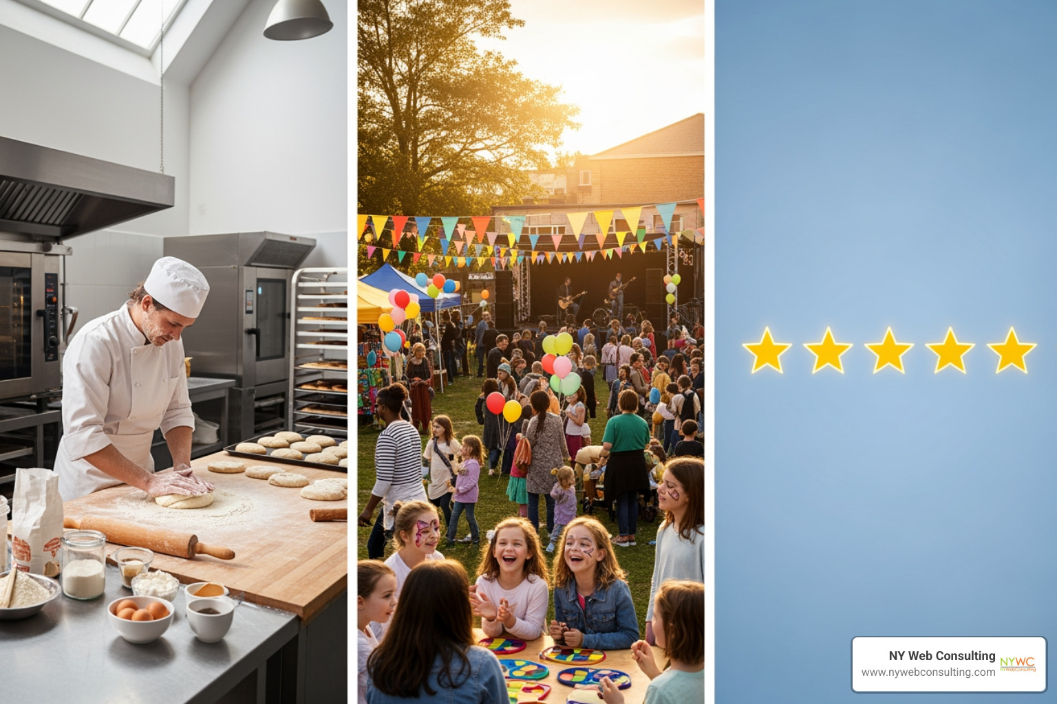Examples of local content: a bakery's behind-the-scenes video, a local festival photo, and a customer review graphic - social media management Queens Examples of local content: a bakery's behind-the-scenes video, a local festival photo, and a customer review graphic - social media management Queens