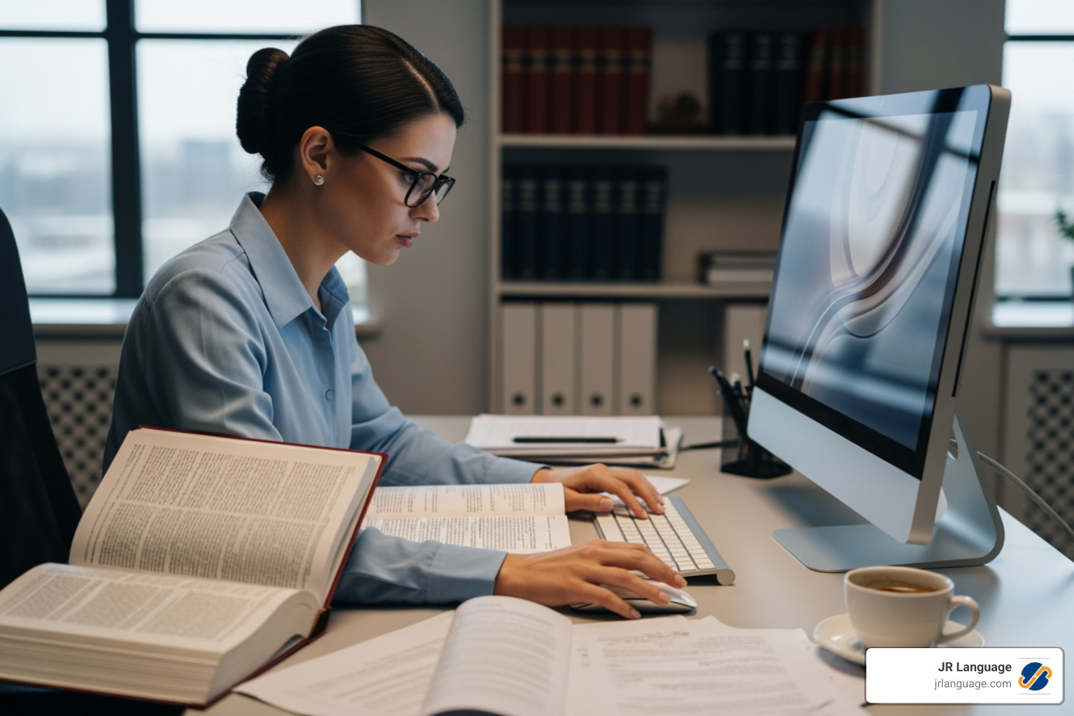 A professional legal translator meticulously reviewing a document on a computer screen, with legal texts and reference materials visible on the desk. - translation service legal A professional legal translator meticulously reviewing a document on a computer screen, with legal texts and reference materials visible on the desk. - translation service legal