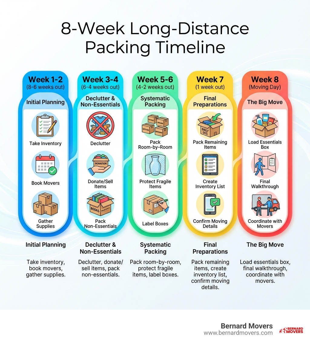 Infographic showing the 8-week long-distance packing timeline: Week 1-2 (8-6 weeks out): Take inventory, book movers, gather supplies; Week 3-4 (6-4 weeks out): Declutter, donate/sell items, pack non-essentials; Week 5-6 (4-2 weeks out): Pack room-by-room, protect fragile items, label boxes; Week 7 (1 week out): Pack remaining items, create inventory list, confirm moving details; Week 8 (Moving Day): Load essentials box, final walkthrough, coordinate with movers - long distance packing infographic Infographic showing the 8-week long-distance packing timeline: Week 1-2 (8-6 weeks out): Take inventory, book movers, gather supplies; Week 3-4 (6-4 weeks out): Declutter, donate/sell items, pack non-essentials; Week 5-6 (4-2 weeks out): Pack room-by-room, protect fragile items, label boxes; Week 7 (1 week out): Pack remaining items, create inventory list, confirm moving details; Week 8 (Moving Day): Load essentials box, final walkthrough, coordinate with movers - long distance packing infographic