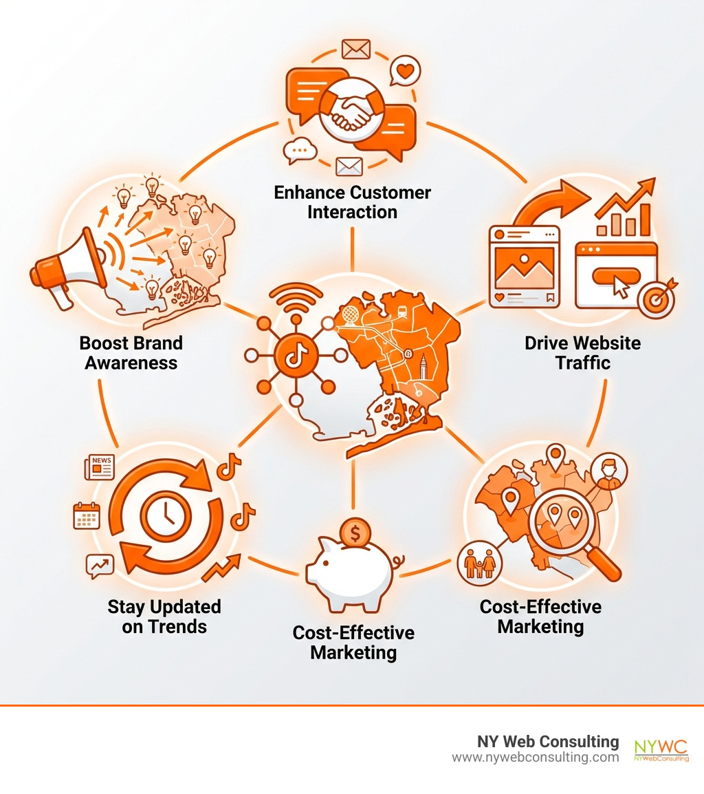 Infographic showing the key benefits of social media management for Queens businesses: 1. Boost Brand Awareness - Reach thousands of local customers through targeted content; 2. Enhance Customer Interaction - Build relationships through comments, messages, and community engagement; 3. Drive Website Traffic - Strategic links and CTAs convert followers into website visitors; 4. Cost-Effective Marketing - Target specific Queens neighborhoods and demographics; 5. Stay Updated on Trends - Keep content fresh with platform algorithm changes and local events - social media management Queens infographic Infographic showing the key benefits of social media management for Queens businesses: 1. Boost Brand Awareness - Reach thousands of local customers through targeted content; 2. Enhance Customer Interaction - Build relationships through comments, messages, and community engagement; 3. Drive Website Traffic - Strategic links and CTAs convert followers into website visitors; 4. Cost-Effective Marketing - Target specific Queens neighborhoods and demographics; 5. Stay Updated on Trends - Keep content fresh with platform algorithm changes and local events - social media management Queens infographic
