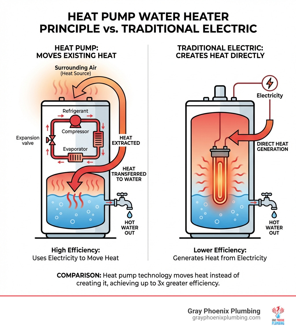 Infographic showing heat pump water heater principle: arrows indicating heat being extracted from surrounding air via refrigerant cycle and transferred to water tank, with comparison showing traditional electric heater creating heat directly versus heat pump moving existing heat - heat pump water heater infographic 