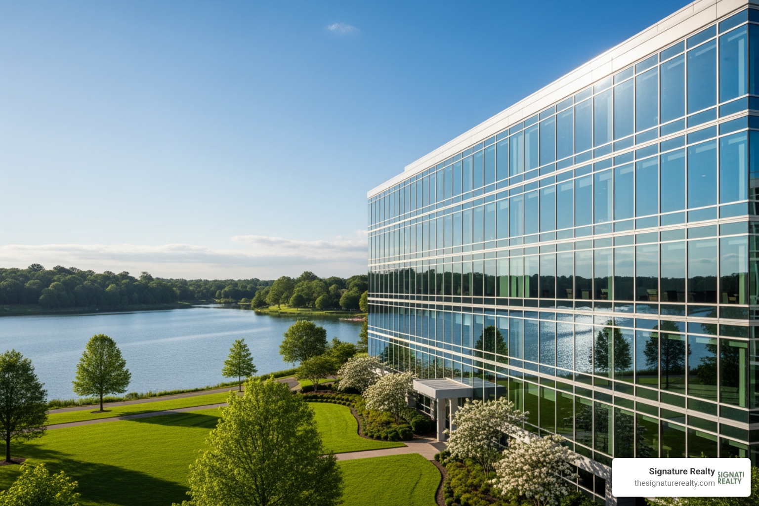 An office building with a serene lake view in Doral - Doral office space An office building with a serene lake view in Doral - Doral office space