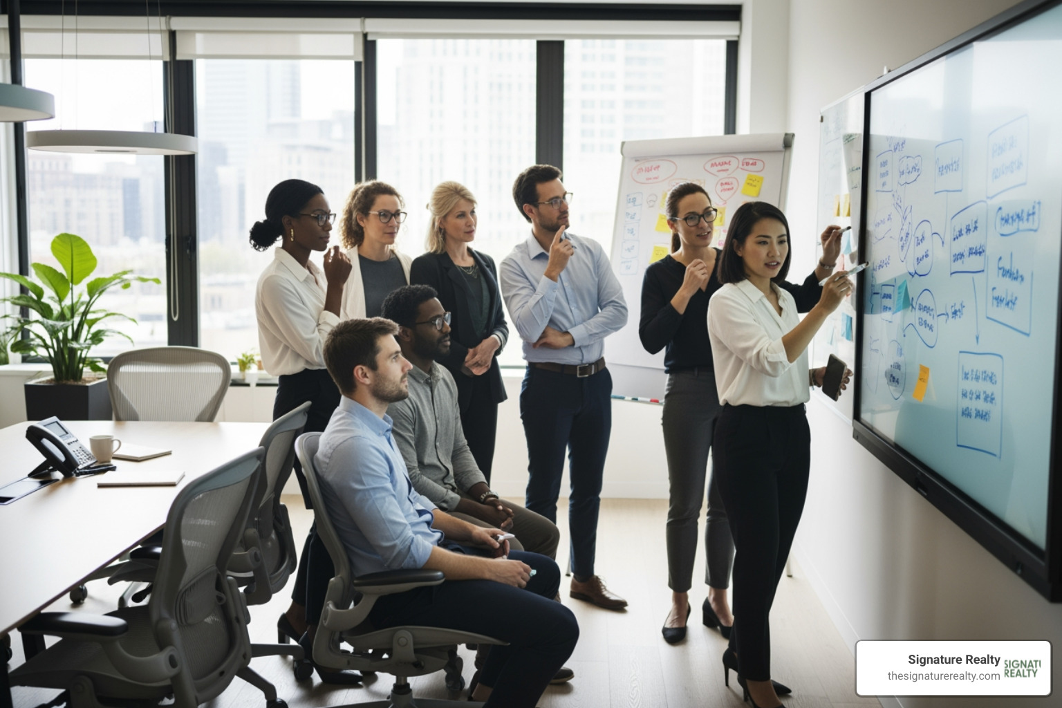 A team collaborating and planning on a whiteboard in a modern office - Doral office space A team collaborating and planning on a whiteboard in a modern office - Doral office space