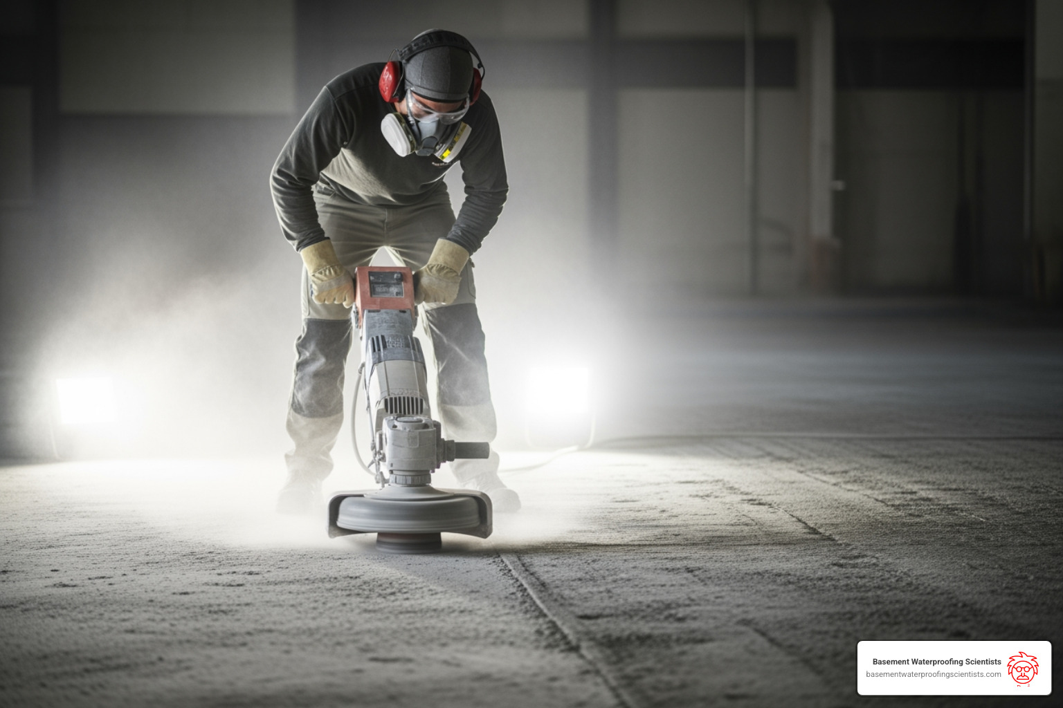 person grinding concrete floor with protective gear - how to epoxy paint a basement floor
